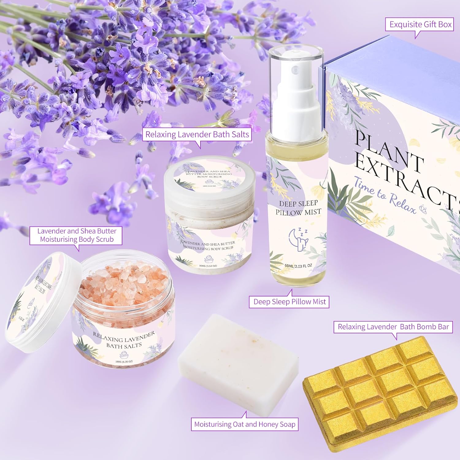 Pflegeset Damen Duschset Frauen Geschenkset Lavendel in schöner Geschenkbox, Kissenspray Wellness-Geschenke für Frauen Entspannungsgeschenk für Mama, Freundin, Mädchen zum Geburtstag – Bild 2