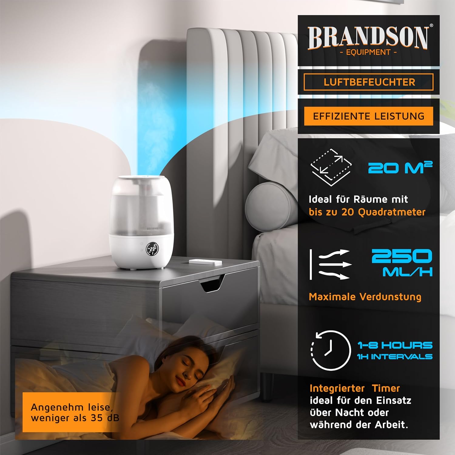 Brandson – Digitaler Luftbefeuchter mit Display – 2000 ml Volumen – Fernbedienung – 3 Nebelstufen – Timer – sehr leise – Schlafzimmer, Baby, Kinderzimmer, Büro – weißes, transparentes Design – Bild 5