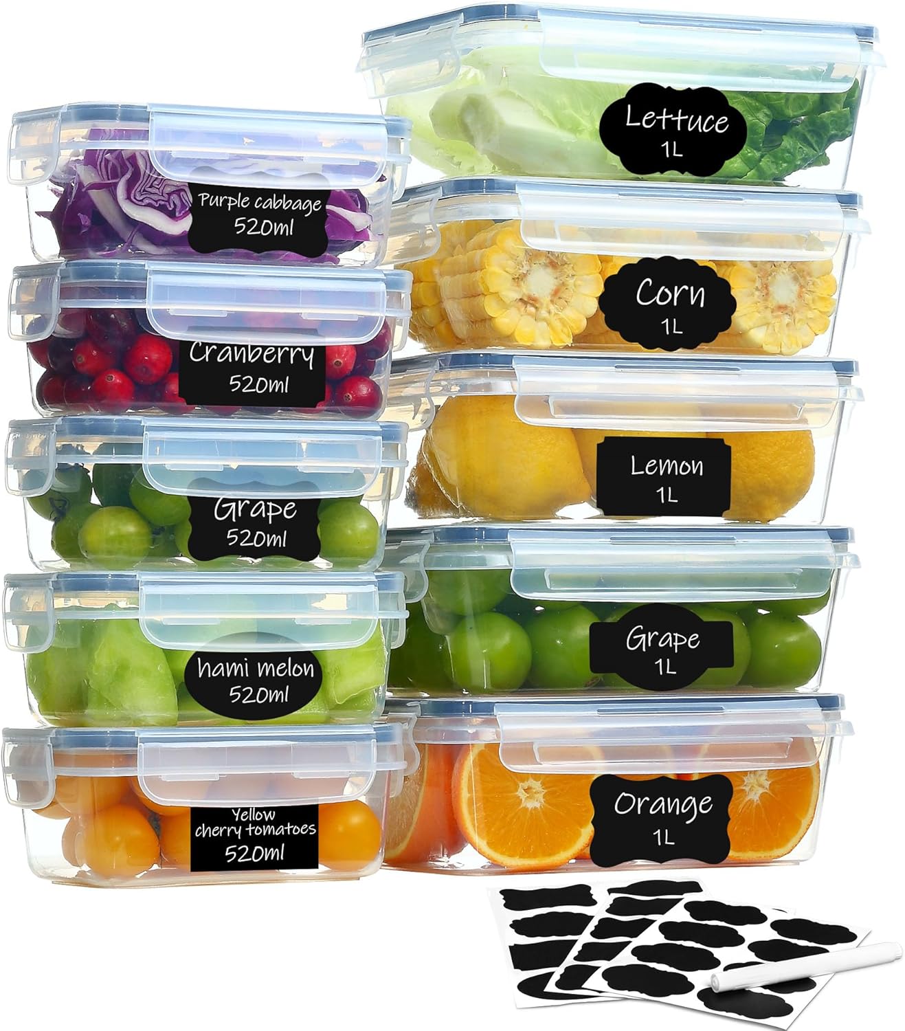 10 Frischhaltedosen mit Deckel (5 x 1 L + 5 x 520 ml), Gefrierbehälter & Meal-Prep-Boxen, BPA-frei, luftdicht, stapelbar – Küche & Lebensmittelbox