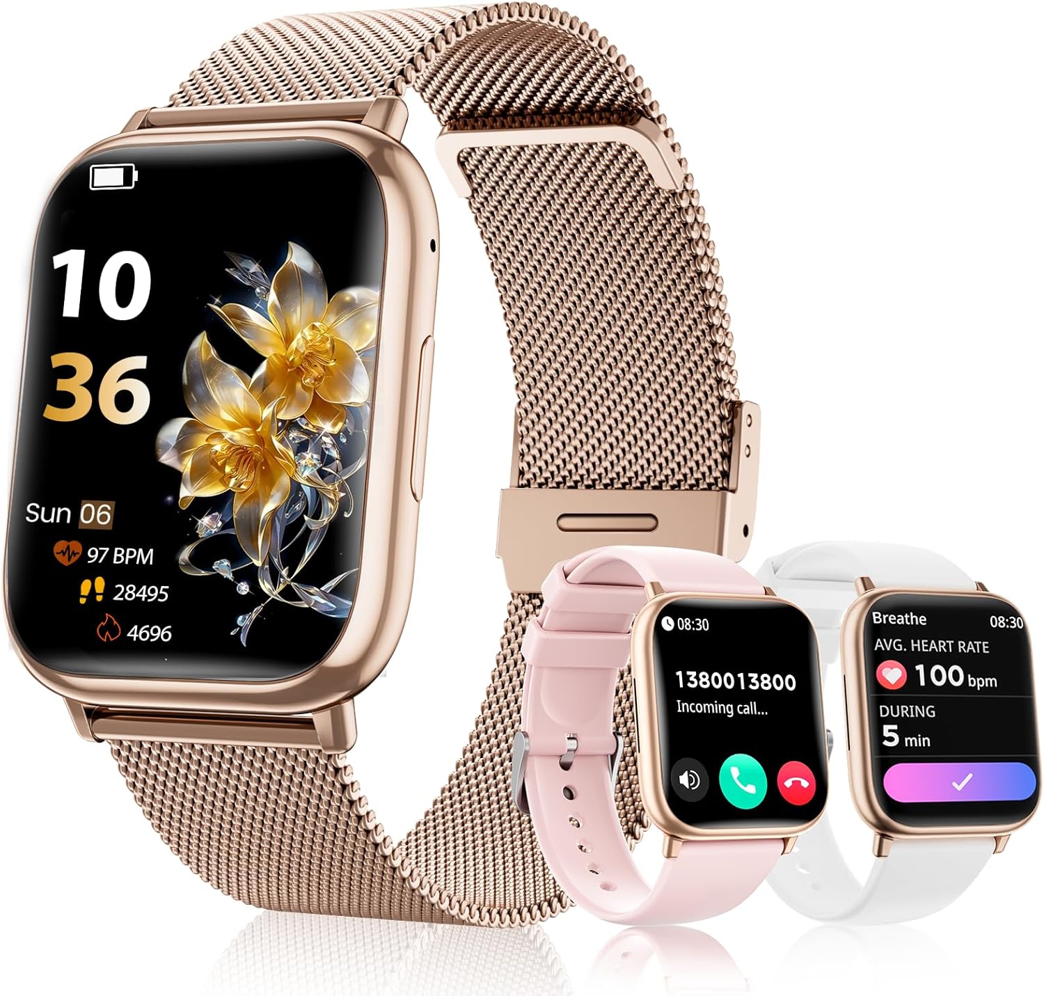 SLOKSFil Damen-Smartwatch mit Telefonfunktion, 3 Armbänder, 1,83 Zoll HD-Fitness-Tracker mit 24-Stunden-Herzfrequenzüberwachung, SpO2-Schlafüberwachung, 120+ Sportmodi, IP68, Schrittzähler, Smartwatch für iOS