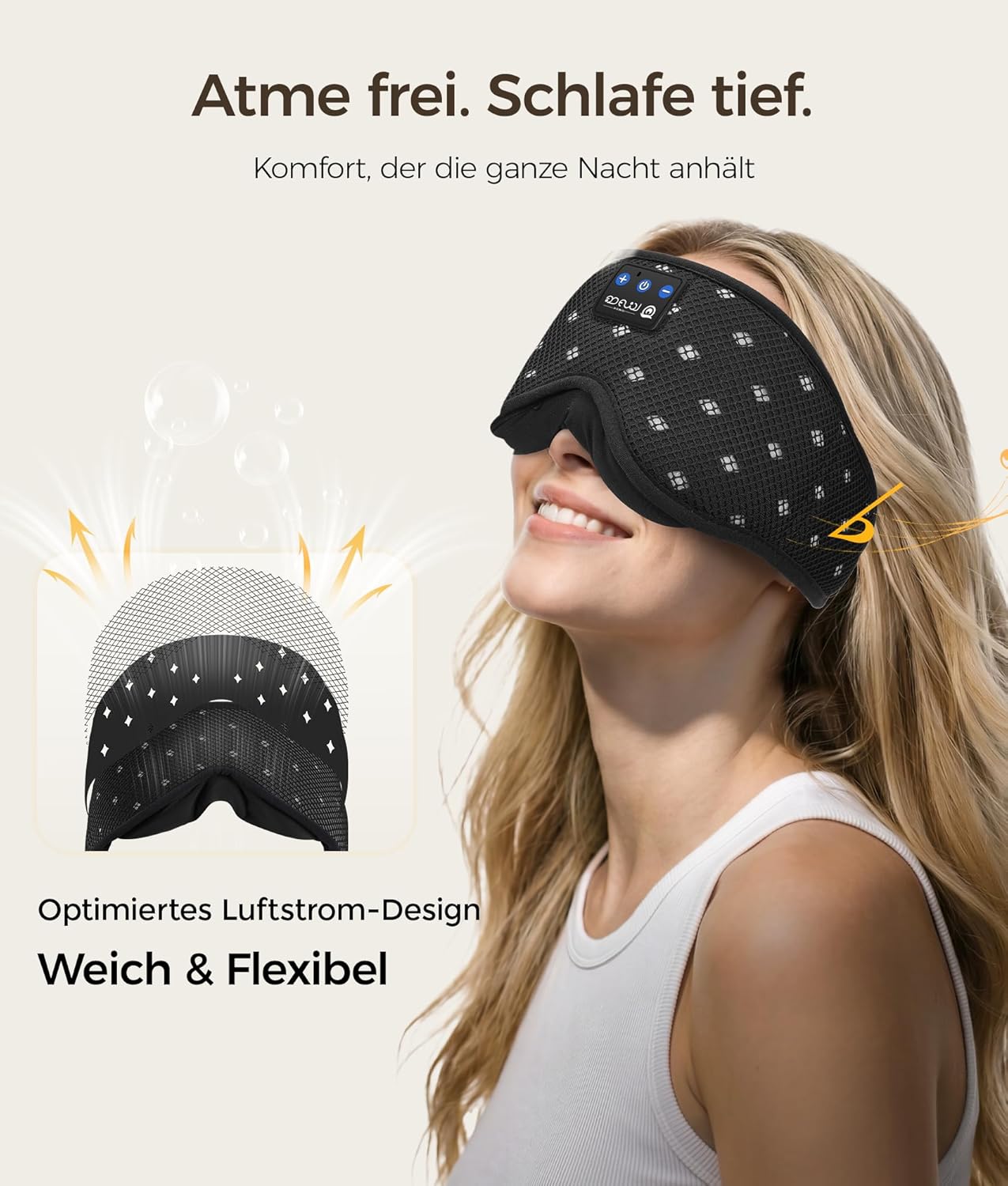 LOVE EYE Bluetooth-Schlafmaske mit Kopfhörern, 3D-Augenmaske für Seitenschläfer, ultradünne Lautsprecher, Verdunkelung, für Reisen und Entspannung (atmungsaktives Netz, schwarz) – Bild 2