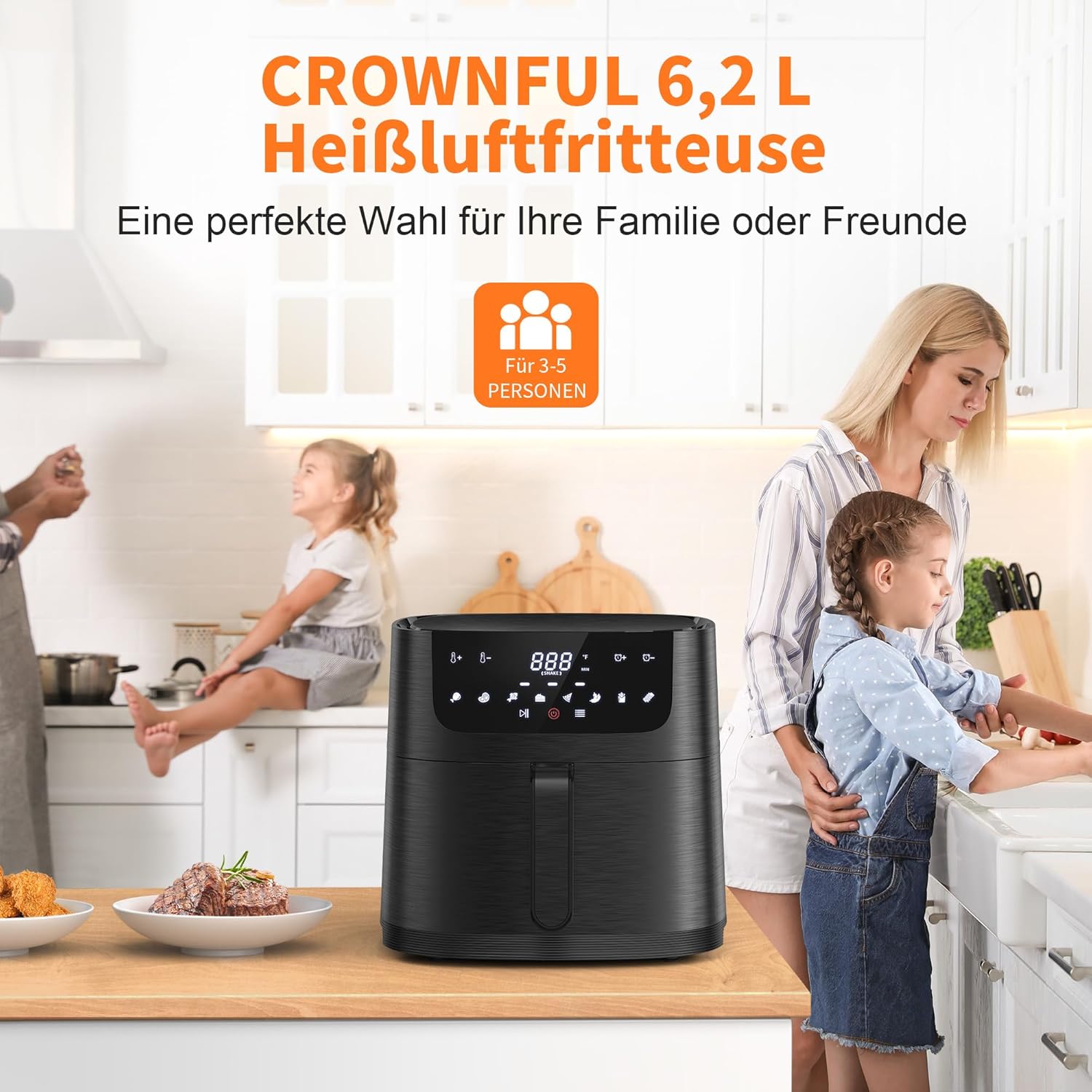 CROWNFUL Heißluftfritteuse, 6,2 l, XXL-Heißluftfritteuse, elektrischer 8-in-1-Öllos-Herd, Heißluftfritteusen mit LCD-Touchscreen und 8 Voreinstellungen, präzise Temperaturregelung, antihaftbeschichteter Korb – Bild 7