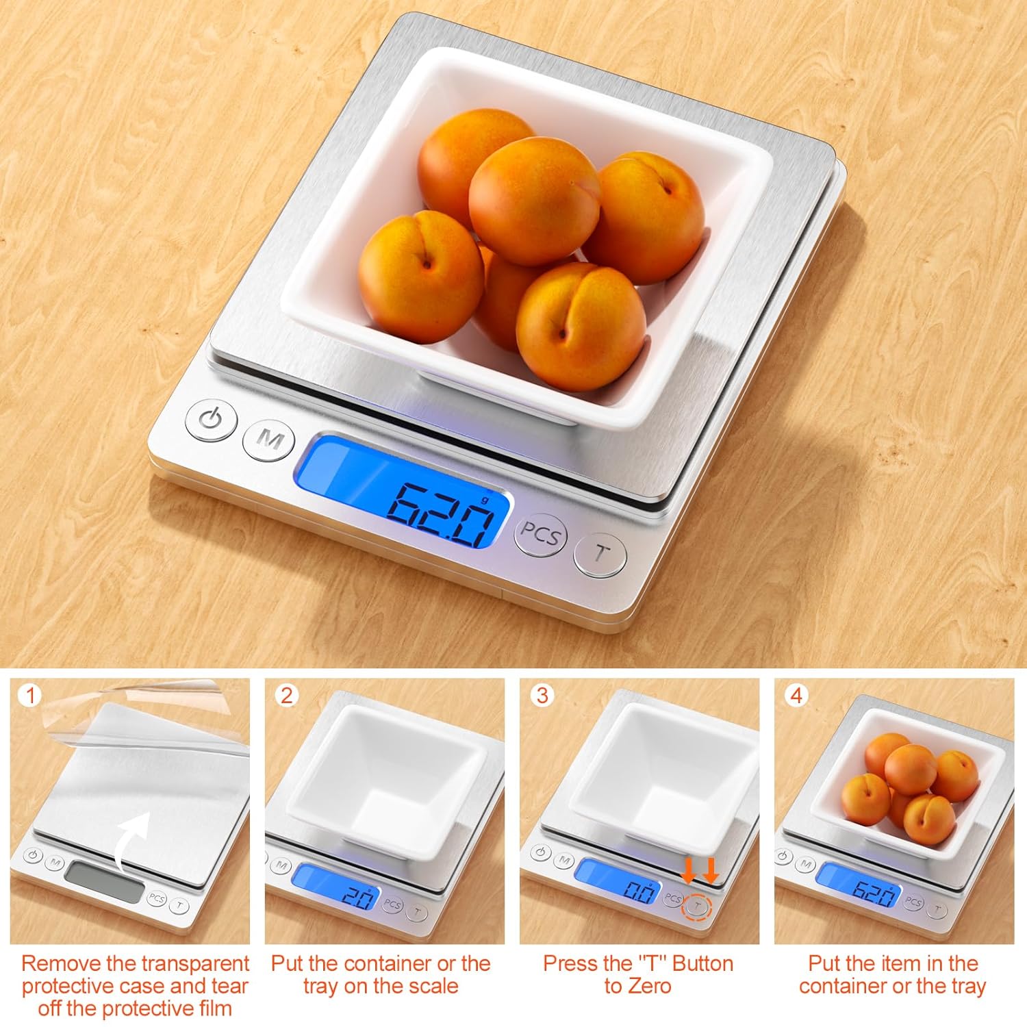 Elektronische Küchenwaage von Gvolatee, 3 kg/0,1 g, digitale Waage aus Edelstahl mit LCD-Display und Tara-Funktion, automatische Lagerwaage mit 6 Maßeinheiten, Wiegen von Lebensmitteln zum Kochen, Backen, Mischen – Bild 4