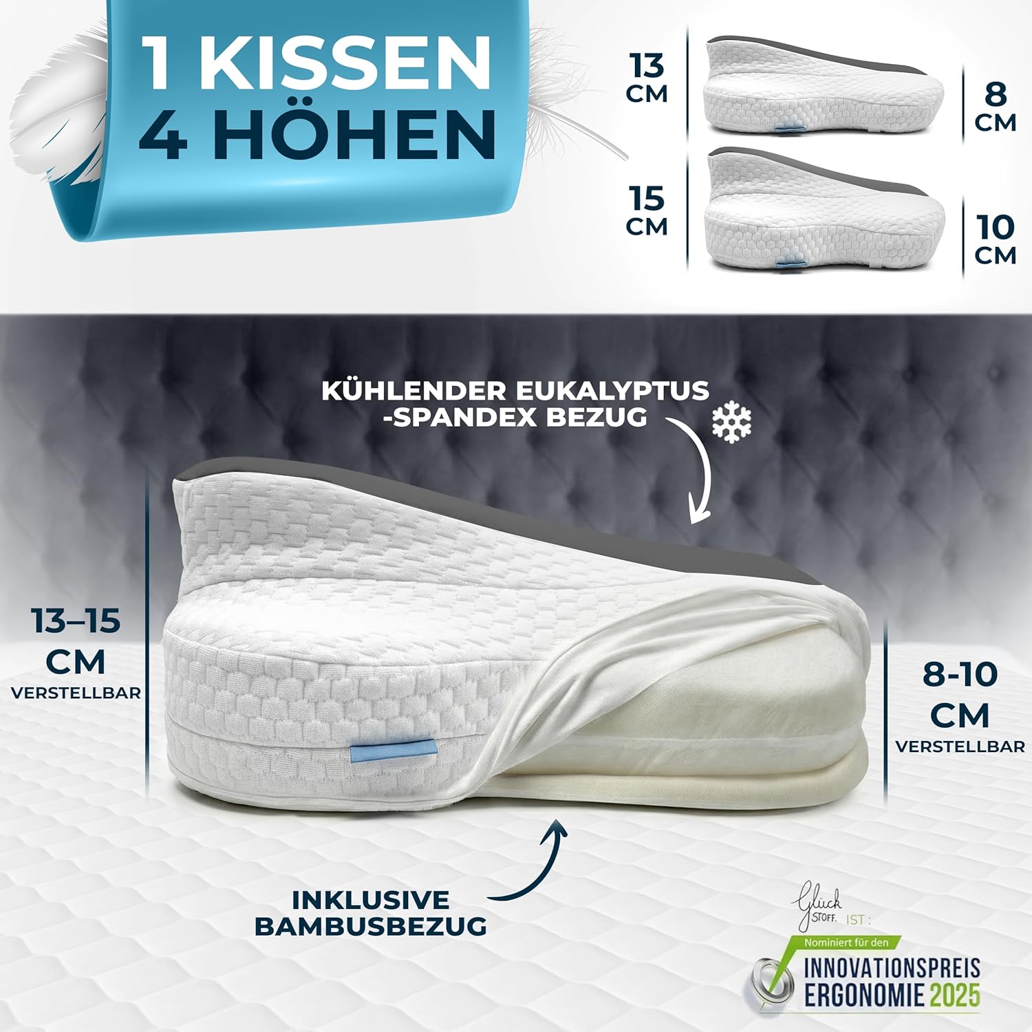 Glückstoff Ergonomisches Kissen (Nominiert für den Innovationspreis Ergonomie) Memory Foam Kissen Ergonomisches Nackenkissen Nackenrolle Seitenschläferkissen Grau – Bild 2