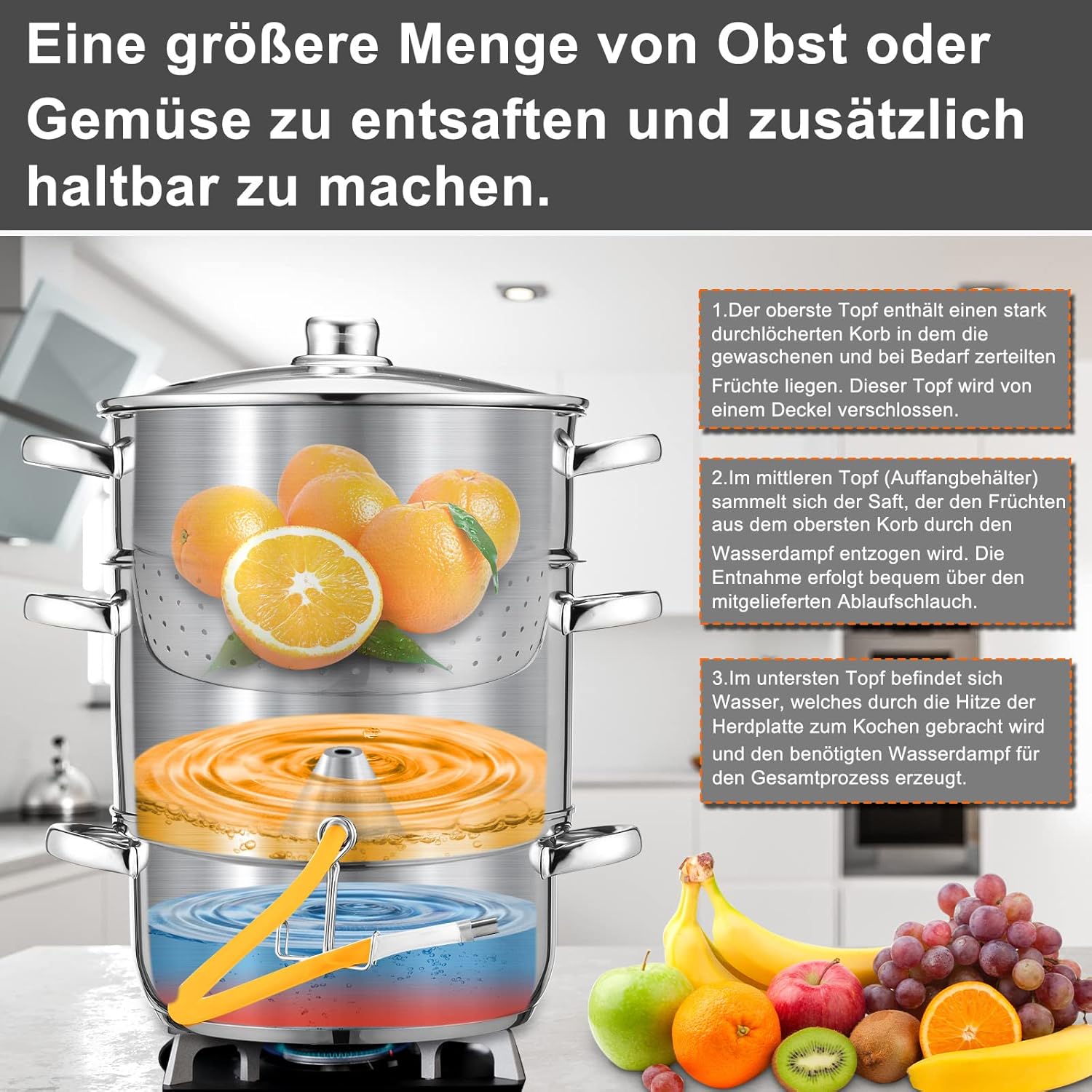 Dampfentsafter Ø 26/16 L, Entsafter aus Edelstahl, für alle Herdarten geeignet, Wasserbehälter ca. 4,5 Liter, schonendes Entsaften von Obst und Gemüse mit 4 Bügelflaschen, Silber – Bild 3