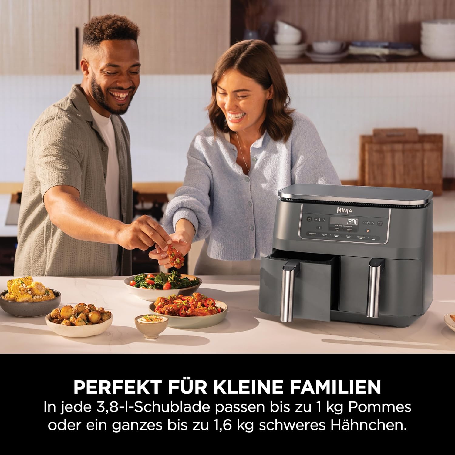 Digitale Heißluftfritteuse mit zwei Zonen von Ninja, 2 Schubladen, 6-in-1, ölfreie Heißluftfritteuse, 7,6 l, Heißluftfritteuse, maximale Knusprigkeit, Braten, Backen, Aufwärmen, spülmaschinenfeste Körbe, Metallic-Grau DZ300EU – Bild 7