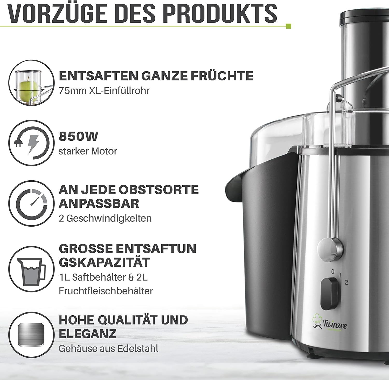 Entsafter für Gemüse und Obst von Twinzee – 850 W Zentrifugal-Entsafter – 2 Geschwindigkeitsstufen, großer Einfüllkanal, rutschfeste Füße – Elektrischer Entsafter, hochwertig für gesunde Ernährung – Bild 2