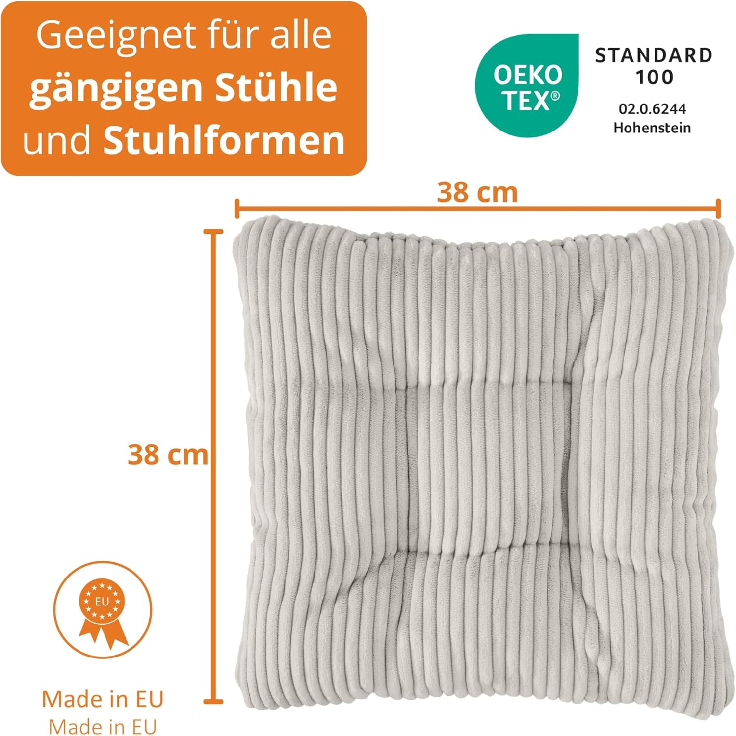 sleepling 4er-Set Stuhlkissen, 38 x 38 cm, in Cordoptik, Sitzkissen für Stuhl und Bank, 38 x 38 cm, weicher Möbelstoff, für drinnen und draußen, hergestellt in der EU, Öko-Tex, waschbar bis 30 Grad, beige – Bild 3