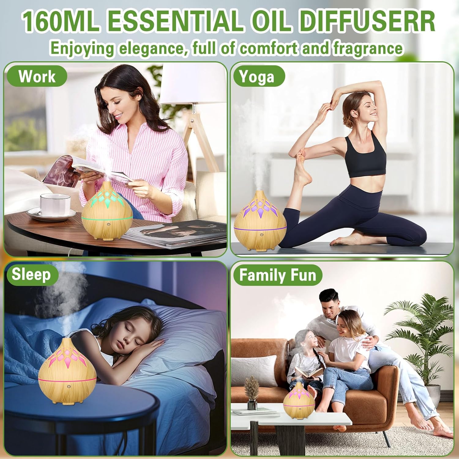 Aroma-Diffusor, 160 ml, Ultraschall-Luftbefeuchter, Aromatherapie-Öl-Diffusor, mit 7 farbigen LED-Lichtern, automatische Abschaltung, für Zuhause, Schlafzimmer, Yoga, Büro, Spa – Bild 5