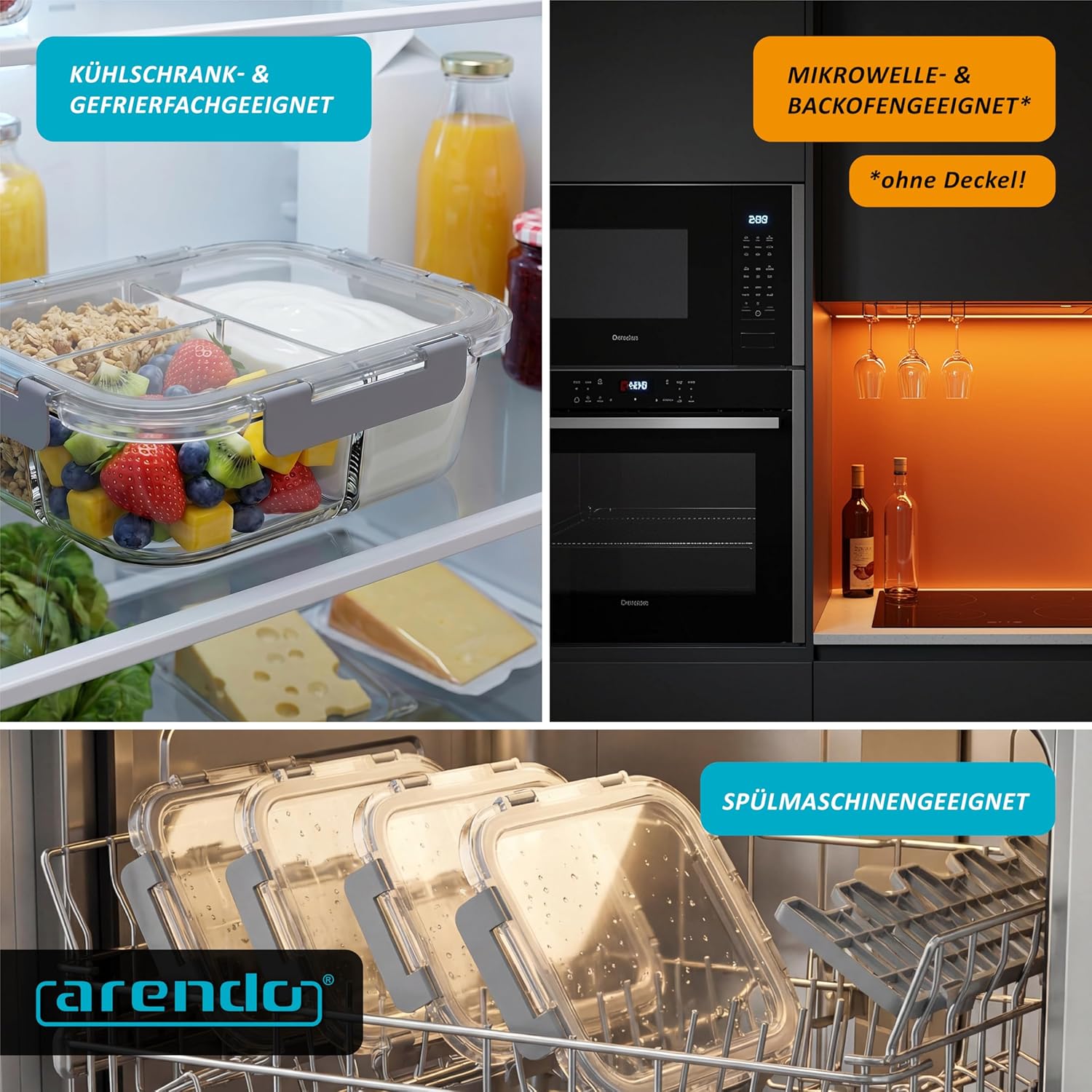 Arendo – Lunchboxen aus Glas – 3 Fächer – Frischhaltedosen mit Deckel, luftdicht – 2er-Set – 1000 ml – für Mikrowelle, Backofen, Gefrierschrank – spülmaschinenfest – Vorratsgläser für die Zubereitung von Mahlzeiten – Bild 6