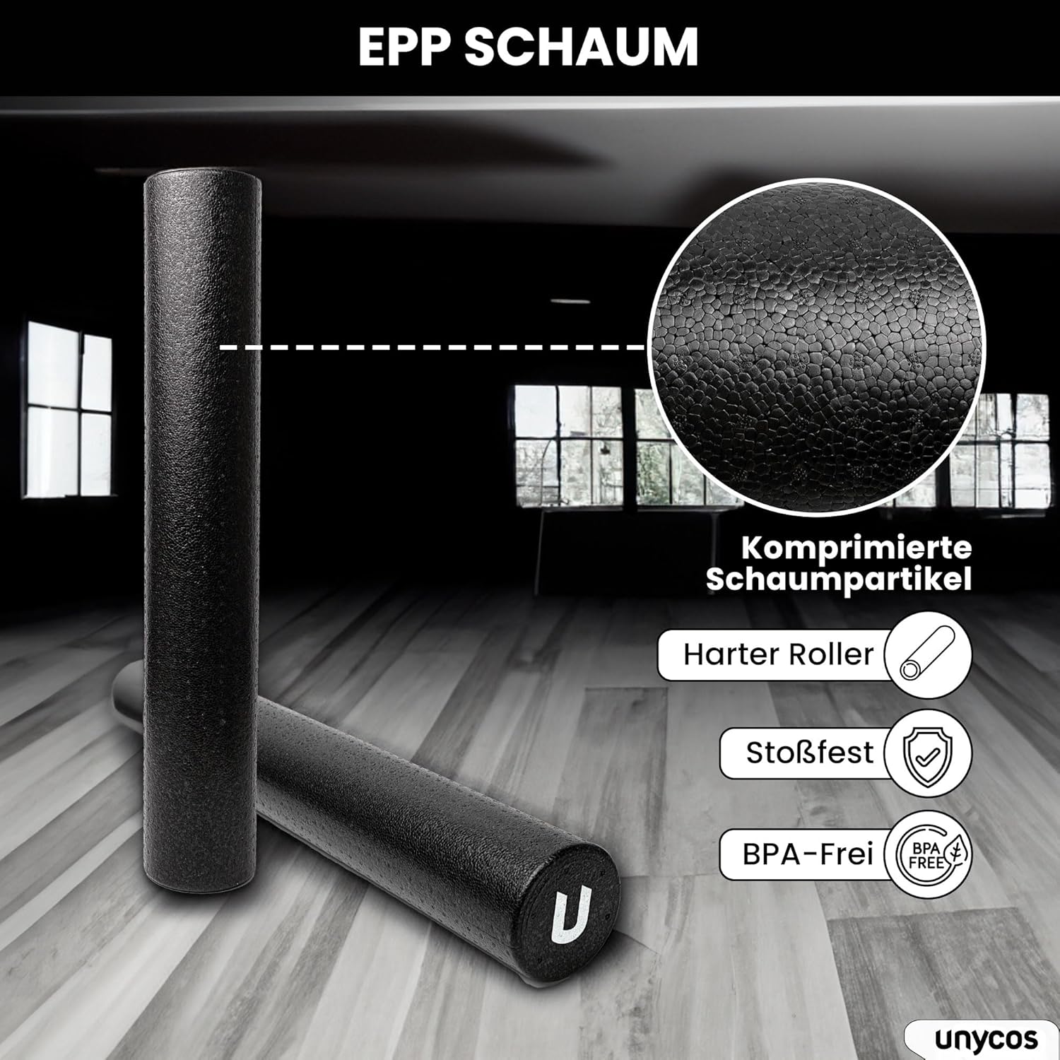 unycos – EPP-Massagerolle, leichte Schaumstoffrolle, Länge 90 cm, Durchmesser 15 cm, Zylinder für Triggerpunkt-Entlastung, Fitness, Pilates, Yoga, Fitnessstudio, Physiotherapie und Entspannung (schwarz) – Bild 7