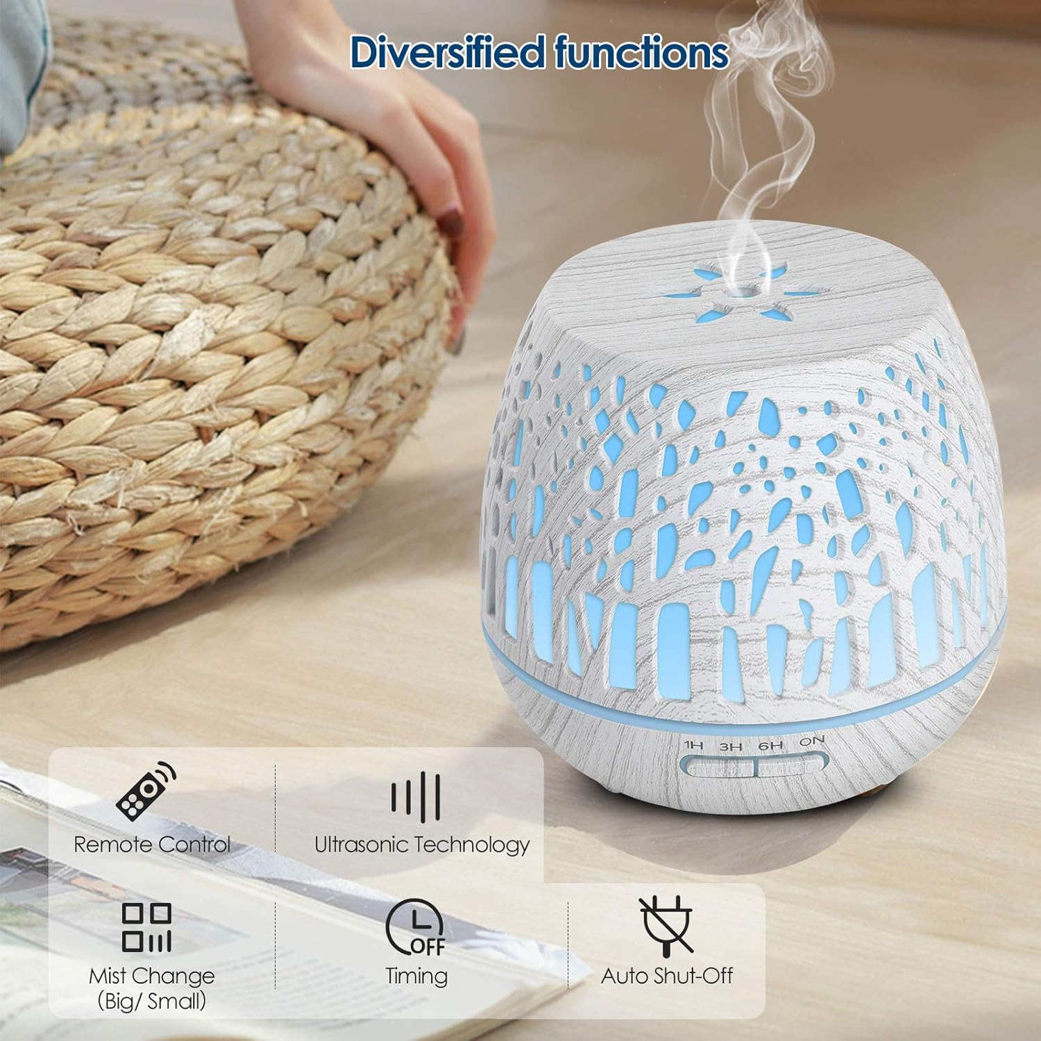 Simpeak Aromadiffusor 400 ml, LED-Ultraschall-Duftdiffusor mit Fernbedienung, Aromatherapie-Diffusor für ätherische Öle, tragbar, kompatibel für Zuhause, Yoga, Büro, Spa, Schlafzimmer, geschnitzter Wald – Bild 2