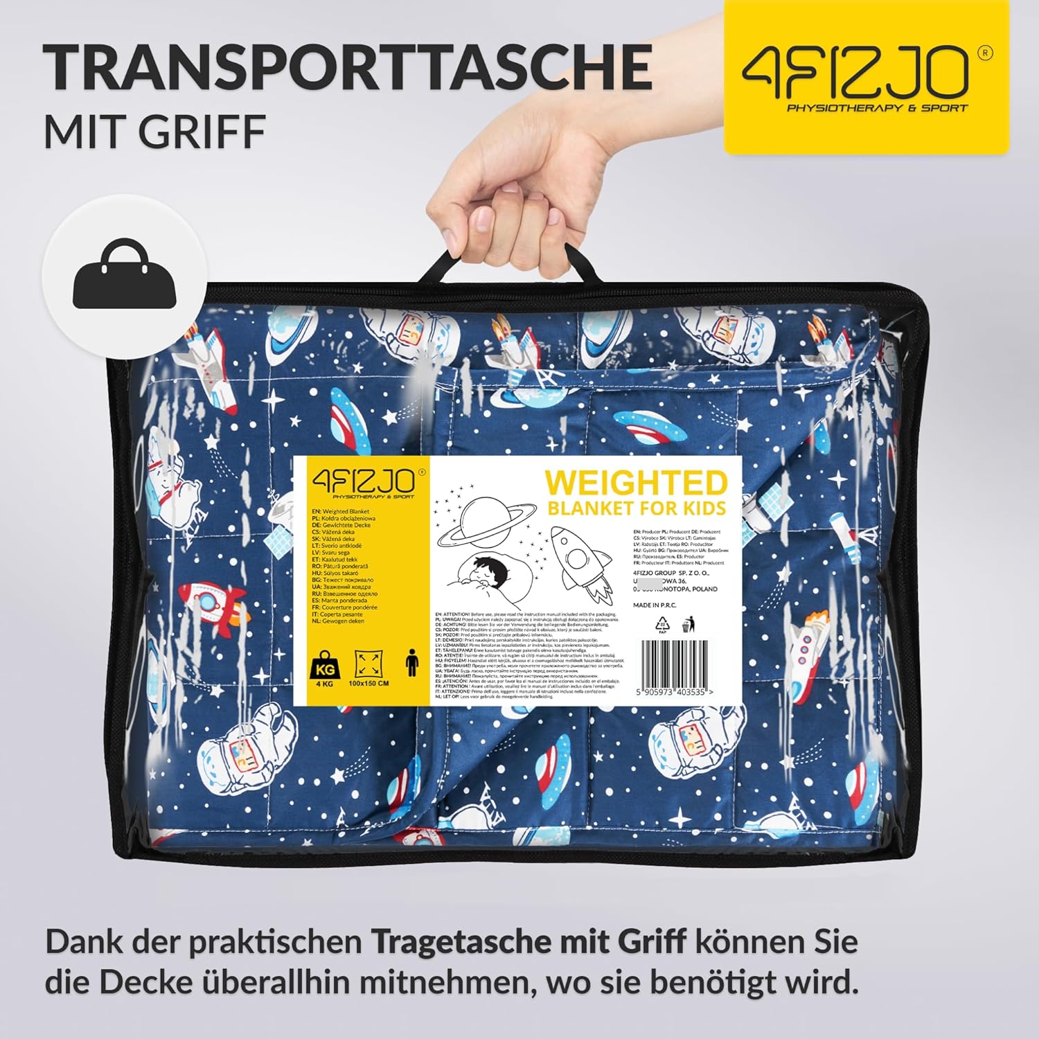 4FIZJO Gewichtsdecke Kinder 4 kg 100 x 150 cm, Therapiedecke zum Stressabbau & Angstzustände, hypoallergene Glasperlen, weiche & kühlende Polyester-Außenschicht, für Kinder von 25-40 kg, Dunkelblau – Bild 3