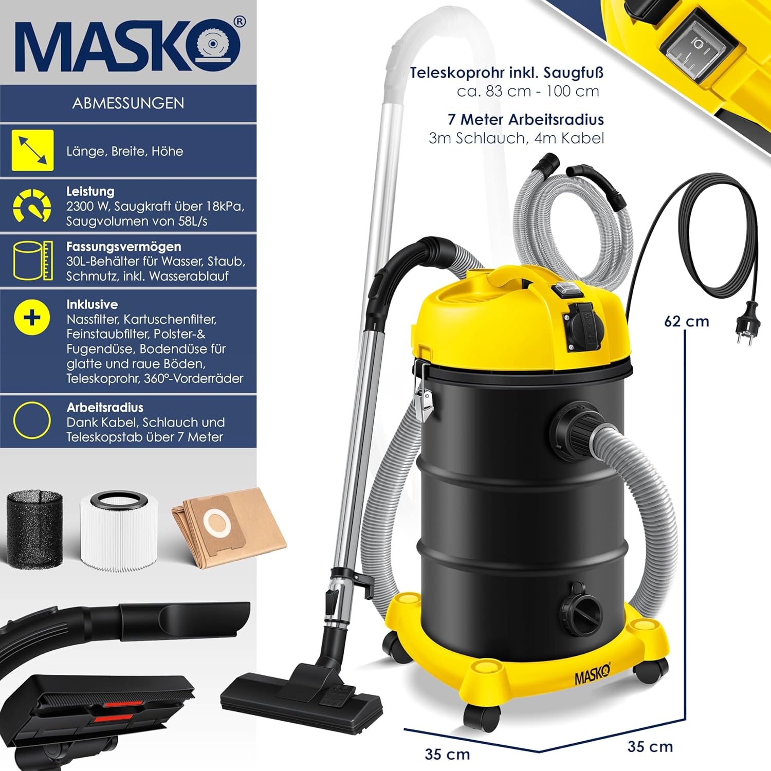 Masko® 6in1 Industriestaubsauger Nass-Trocken-Aschesauger 2300W + Steckdose. Blasfunktion. Trocken- und Nasssaugen – Industriestaubsauger mit und ohne Beutel – beutellos., gelb – Bild 8