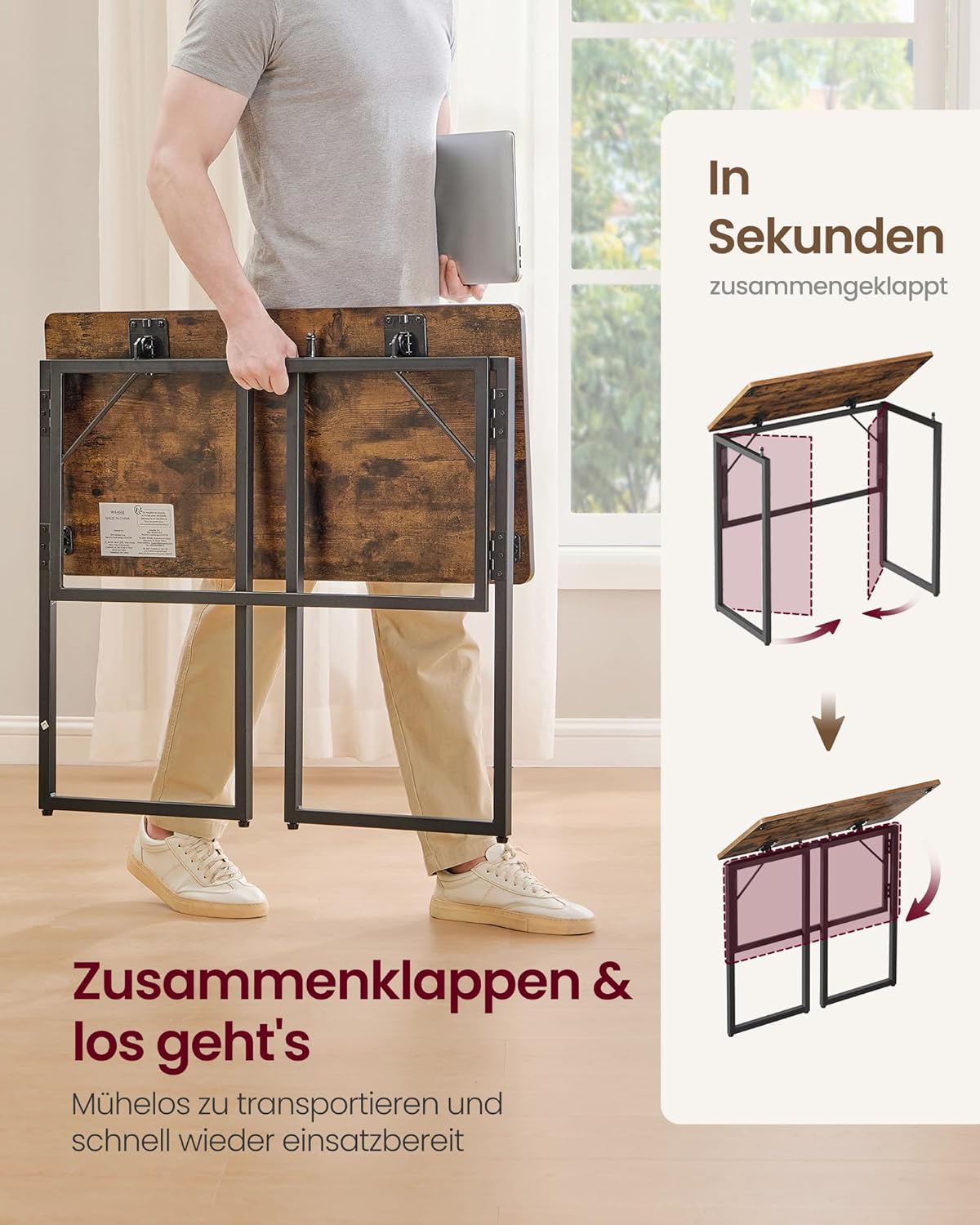 VASAGLE LWD151KD01 Klapptisch, kleiner Schreibtisch, Computertisch, einteilige Platte, abgerundete Ecken, Tisch für Heimbüro, Schlafzimmer, 80 x 40 cm, Vintage-Braun – Bild 5