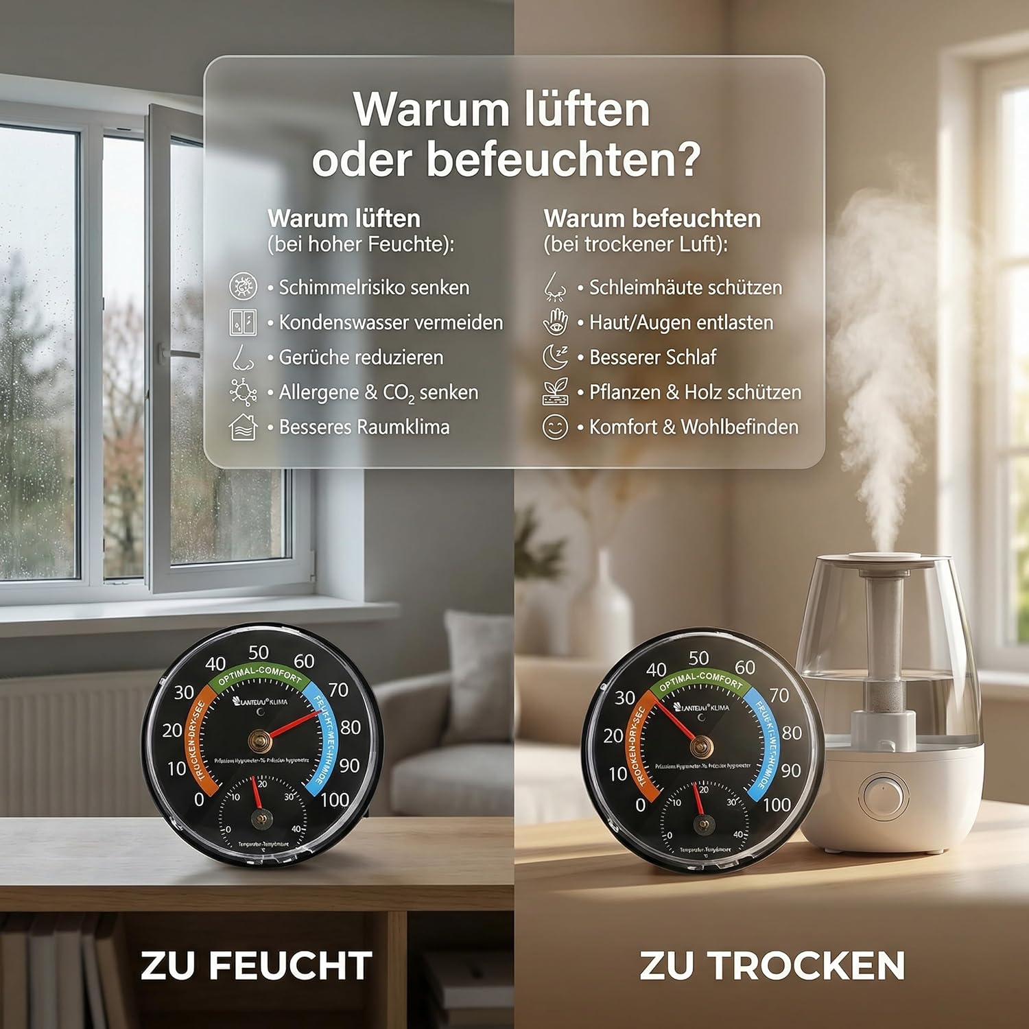 Lantelme Kombi-Thermometer, Hygrometer, Temperatur -5 bis + 45 °C und Luftfeuchtigkeit 0 % – 100 % relativ, analog, präzise Anzeigen für Schimmelschutz, Raumklima und Heizkosten im Innenbereich – Bild 10