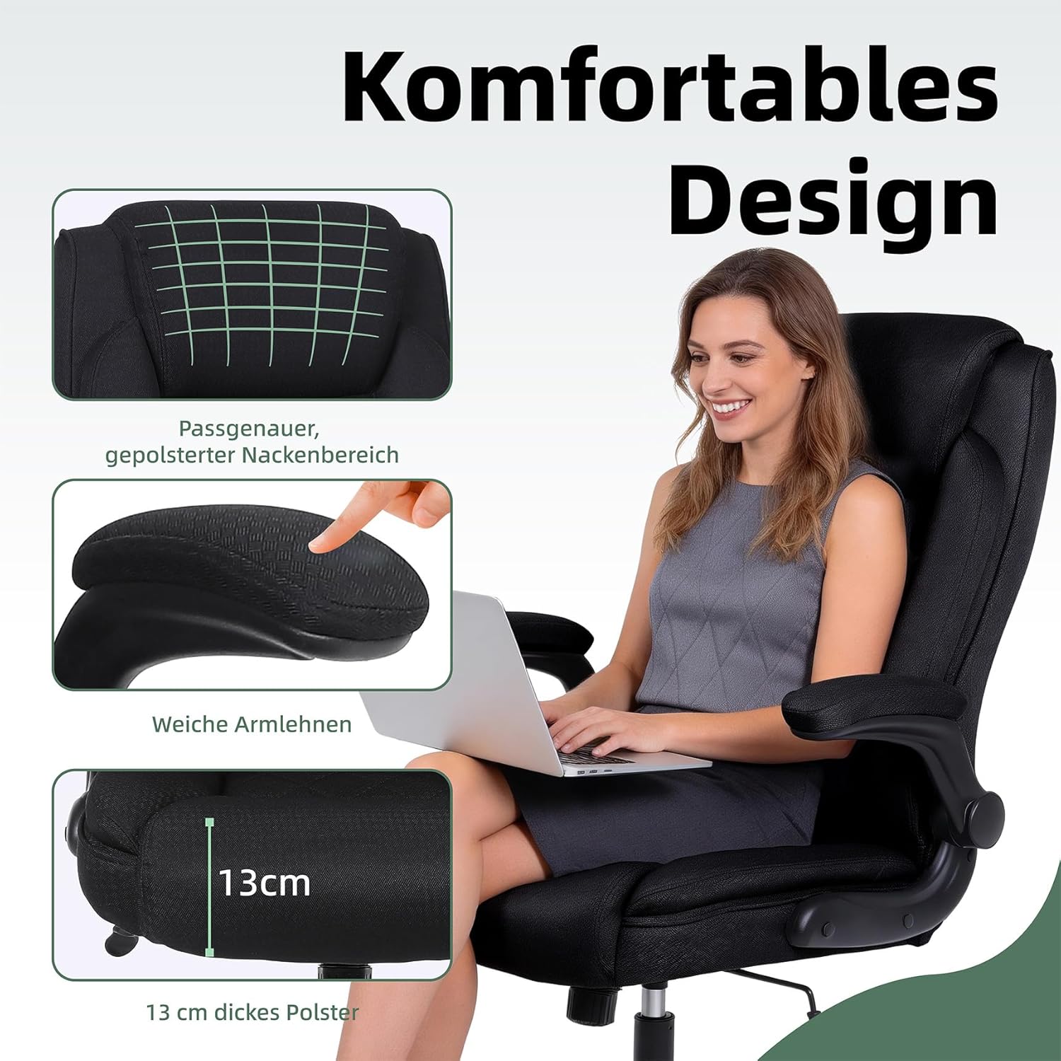 Youhauchair Ergonomischer Bürostuhl, Schreibtischstuhl mit hoher Rückenlehne und höhenverstellbar, Drehstuhl mit Kopfstütze, bequem, Chefsessel für Büro, Schwarz – Bild 3