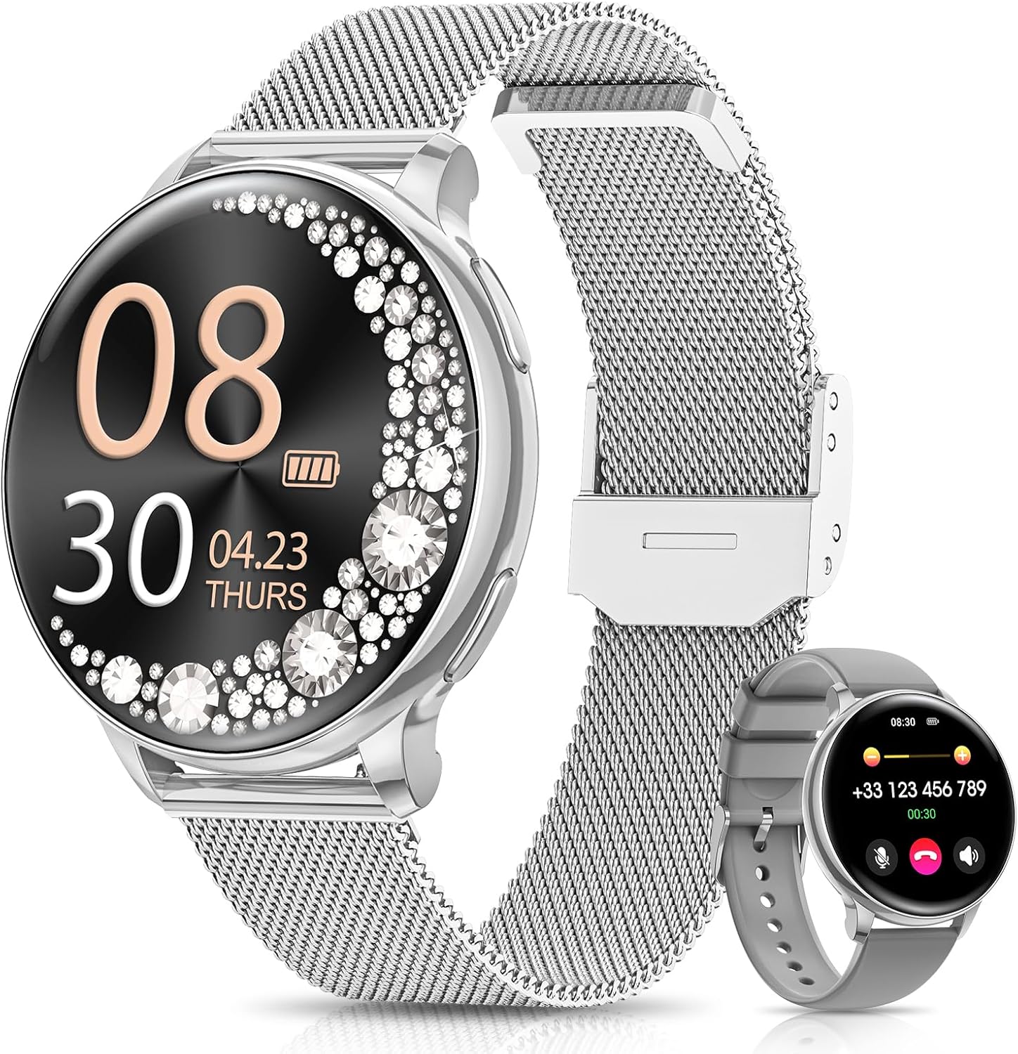 RUXINGX Damen Smartwatch, 1,27 Zoll Smartwatch rund mit Telefonfunktion, 24H SpO2 Herzfrequenzmesser, Fitnessuhr mit Schlafmonitor, 126 Sportmodi, Schrittzähler IP68 für iOS Android, Geschenkuhren für Damen, Silber