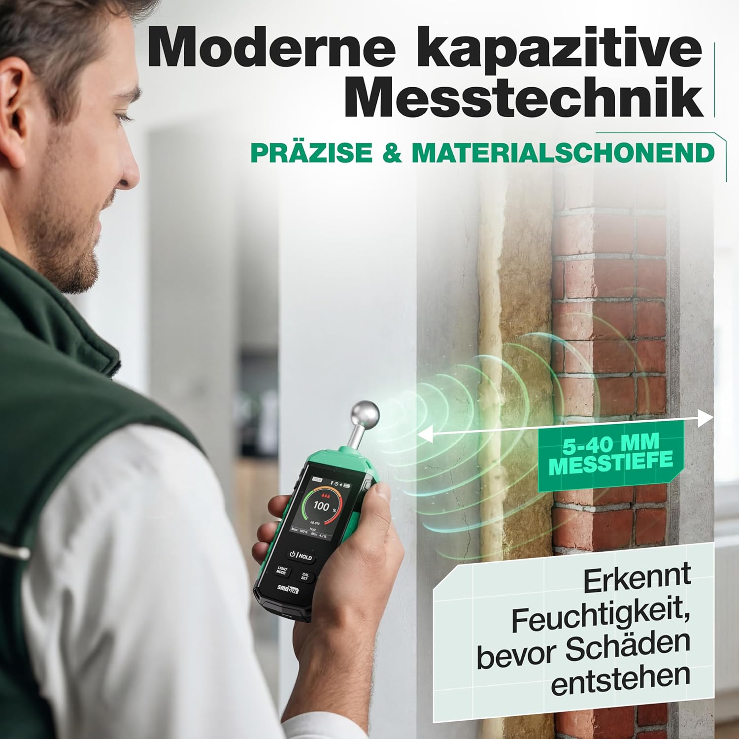 Smabix® Feuchtigkeitsmesser Wand, Holz, Gips, Granit, Feuchtigkeitsmesser für Wände, Mauerwerk, Beton, Baufeuchtemesser, Schimmeldetektor, Feuchtigkeitsmesser, Holzfeuchtemesser, Luftfeuchtigkeitsmesser – Bild 4