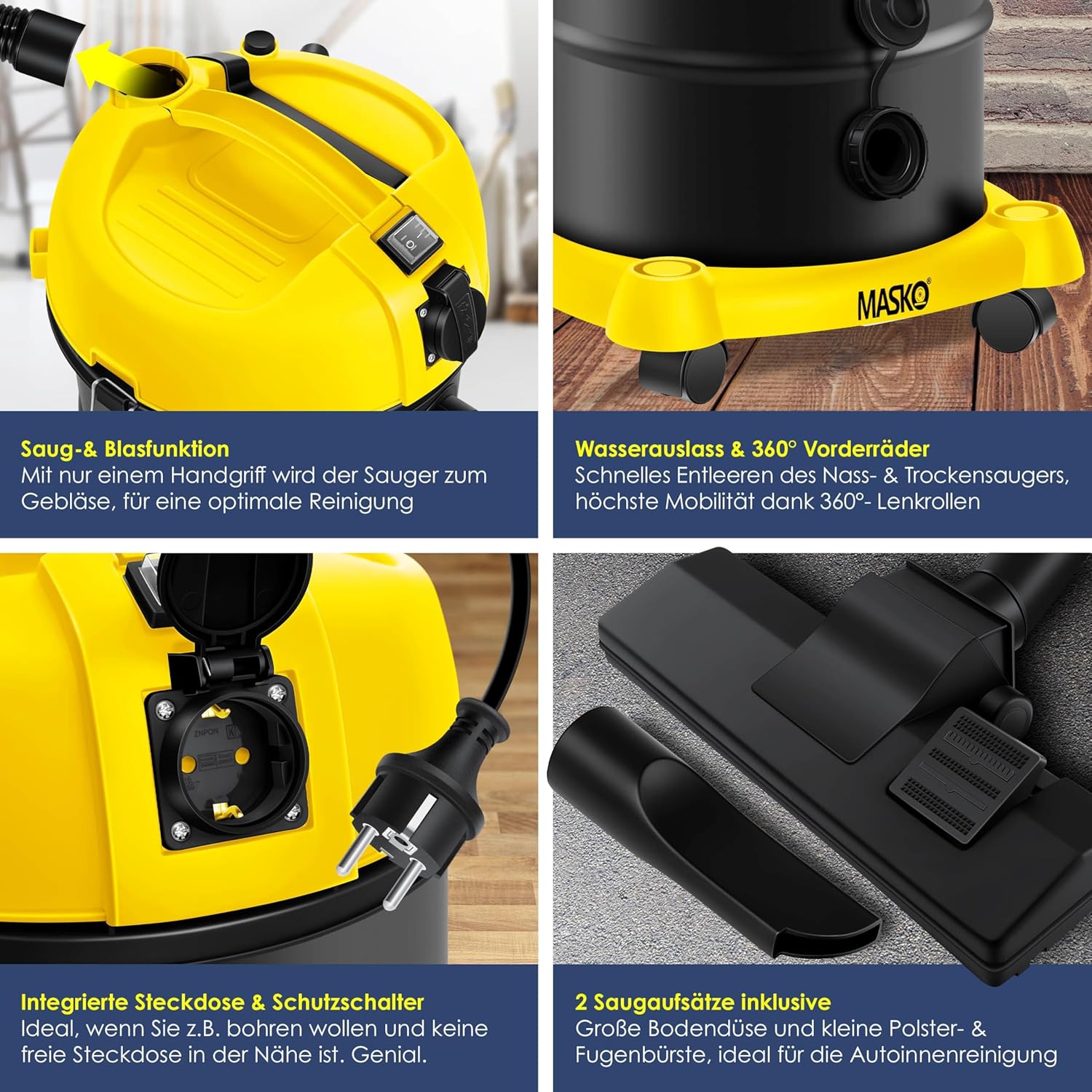 Masko® 6in1 Industriestaubsauger Nass-Trocken-Aschesauger 2300W + Steckdose. Blasfunktion. Trocken- und Nasssaugen – Industriestaubsauger mit und ohne Beutel – beutellos., gelb – Bild 3