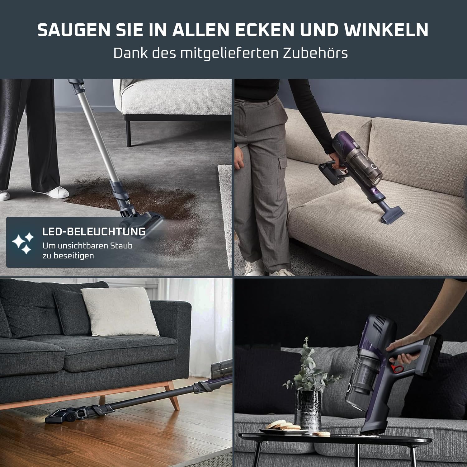 Rowenta X-Pert 6.60 Essential Akku-Staubsauger, 100 W Leistung, 45 Minuten Laufzeit, kabellos und beutellos, LED-Bürstenkopf, abnehmbarer Akku, inklusive Fugendüse und Wandhalterung, Lila/Schwarz, RH6838 – Bild 6