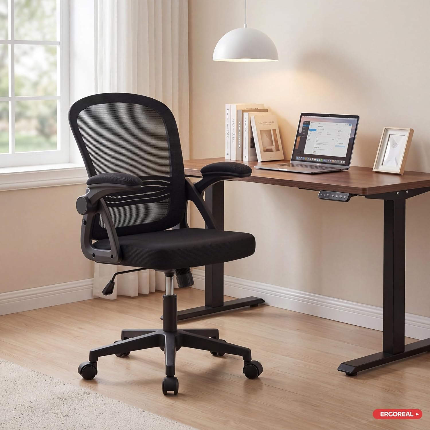 25W02 Ergonomischer Bürostuhl, 90-110° verstellbare Rückenlehne & klappbare Armlehnen (90°), Bürostuhl mit Rollen & Höhenverstellung, Heimbüro & Arbeitszimmer (Tiefschwarz) – Bild 2
