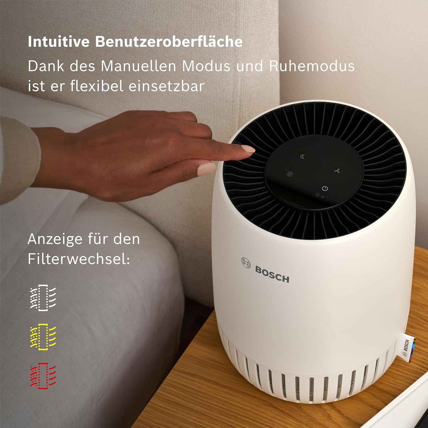 Bosch Air 500 Luftreiniger – Für Räume bis 20 m² – Entfernt effizient Schadstoffe – Mit 2-in-1-Luftfilter, Smart Sensor, Automatikmodus, Schlafmodus (< 25 dB(A)) – CADR: 70 m³/h – Bild 4