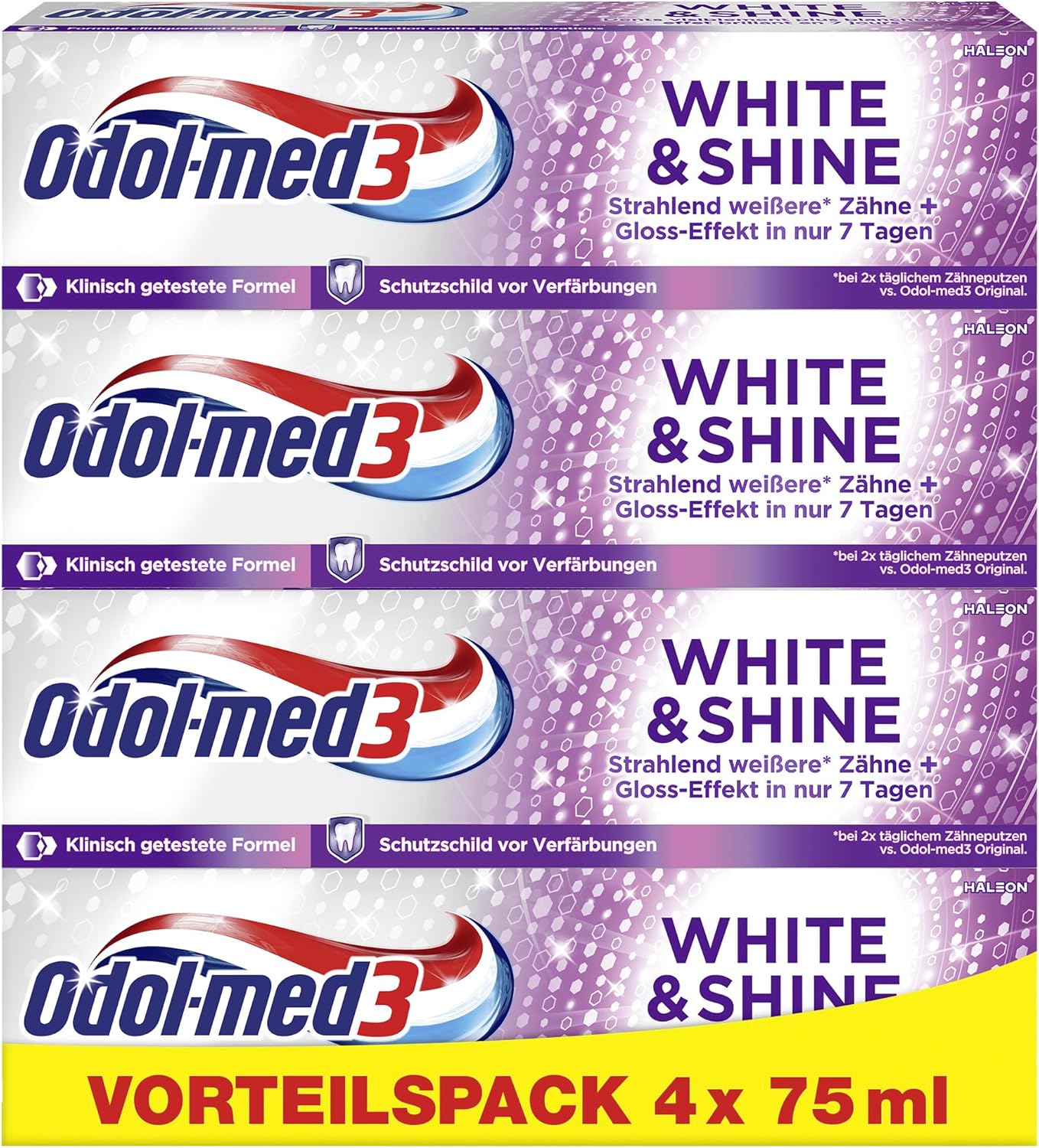 Odol-med3 Zahnpasta White and Shine, aufhellende Wirkung, glatte Zähne, Anti-Verfärbung, Kariesschutz, Zahnpasta für frischen Atem, 75 ml