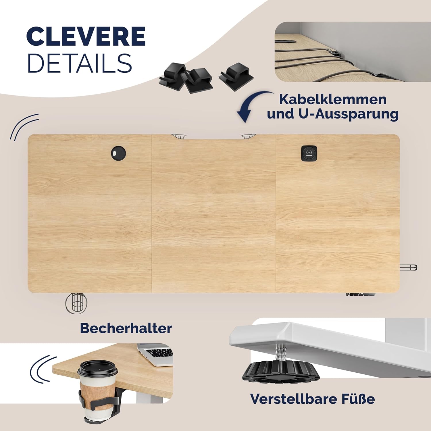 Casaria Höhenverstellbarer elektrischer Schreibtisch 140 x 70 cm mit kabellosem Ladegerät & USB-C/A-Anschluss, LCD-Display, Memory-Funktion, 80 kg Tragkraft, ergonomisch, Beige – Bild 5