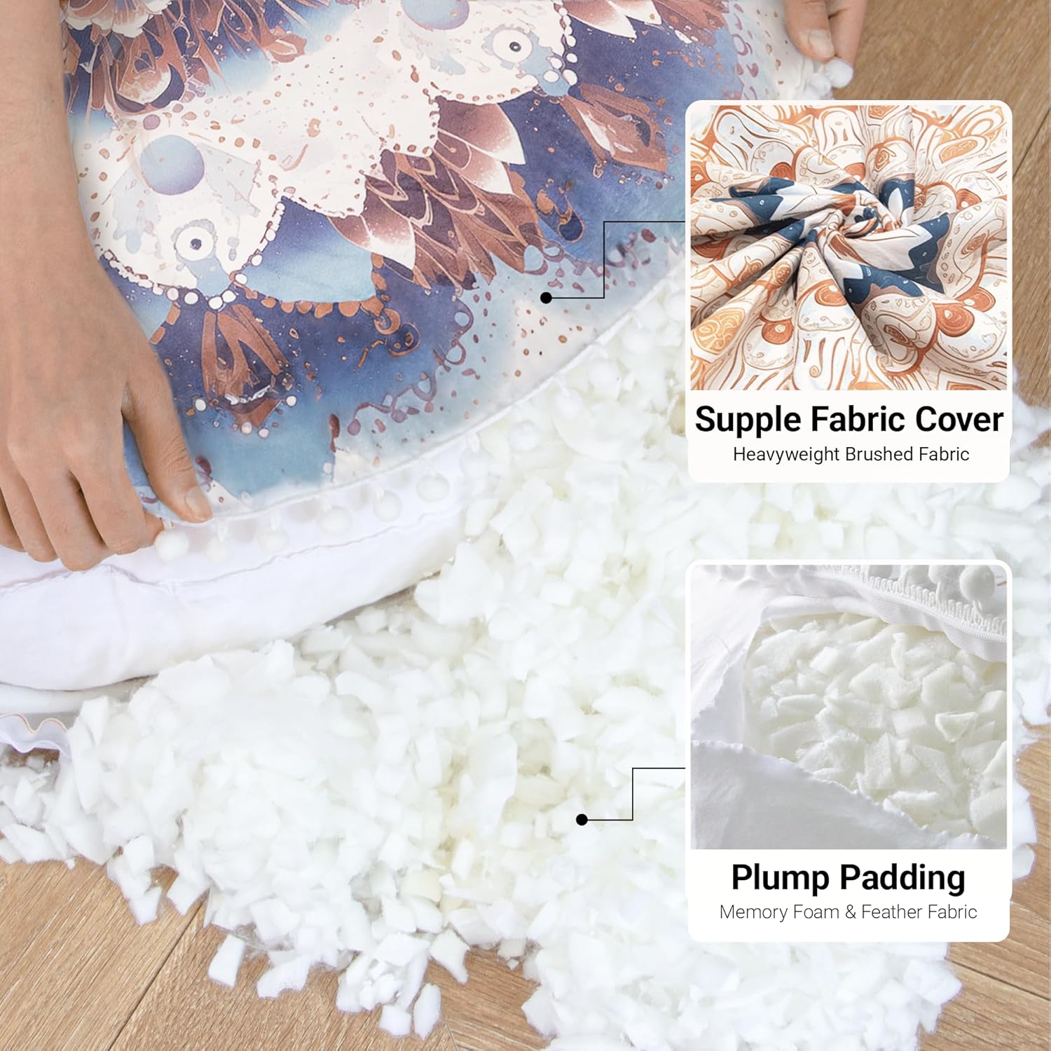 Meditations-Bodenkissen, rundes Sitzkissen mit waschbarem und abnehmbarem Bezug, 80 cm großes ergonomisches Yoga-Kissen mit Pompon-Dekoration, für drinnen und draußen, hellblau – Bild 4