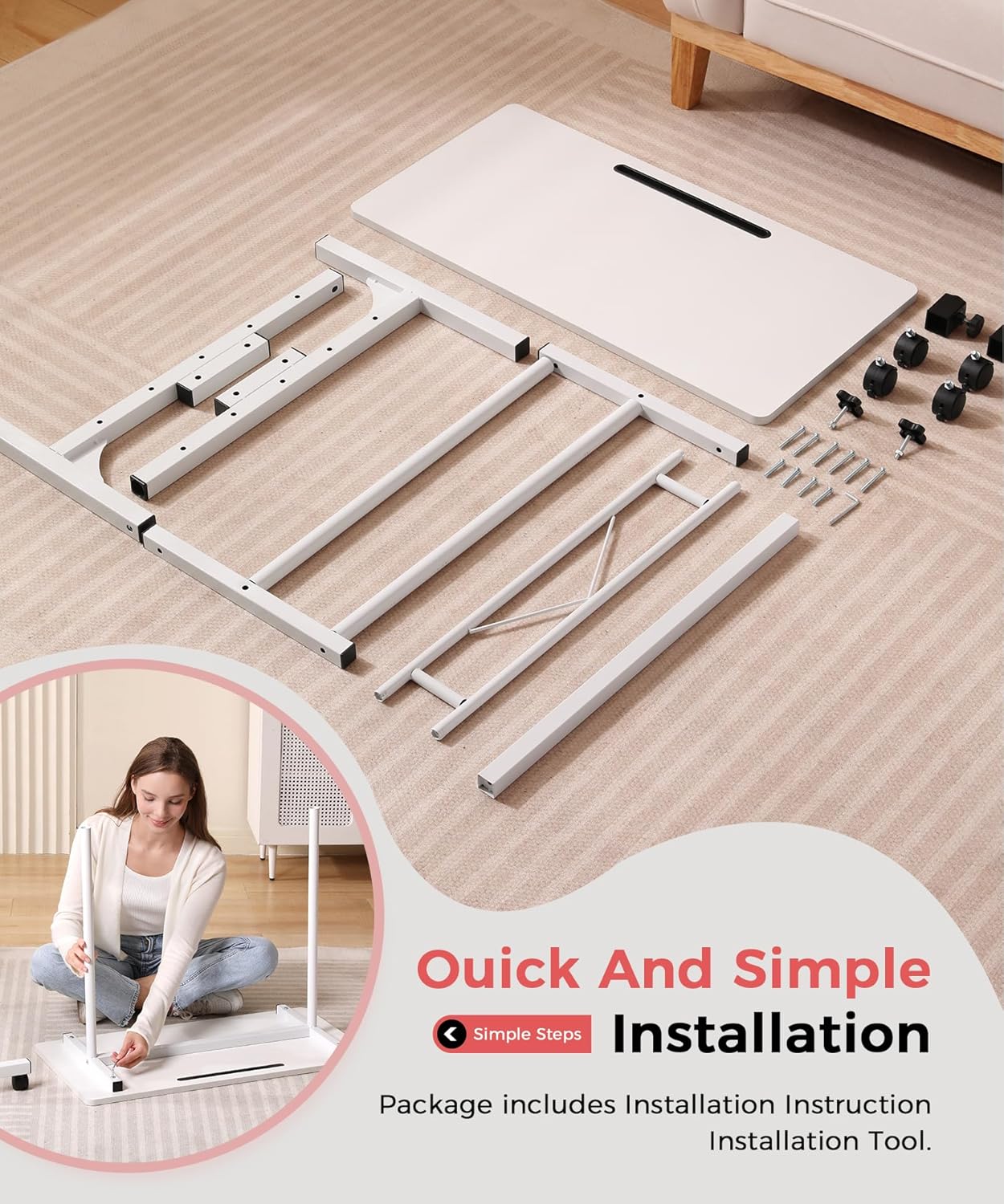 KLSMYHOKI Höhenverstellbarer Schreibtisch mit Rollen, Steh-Sitztisch für das Heimbüro, mobiler Computertisch, weißer Stehschreibtisch, kompatibel mit Laufband und Gehpad, 80 cm x 40 cm, Höhe 70–110 cm – Bild 7