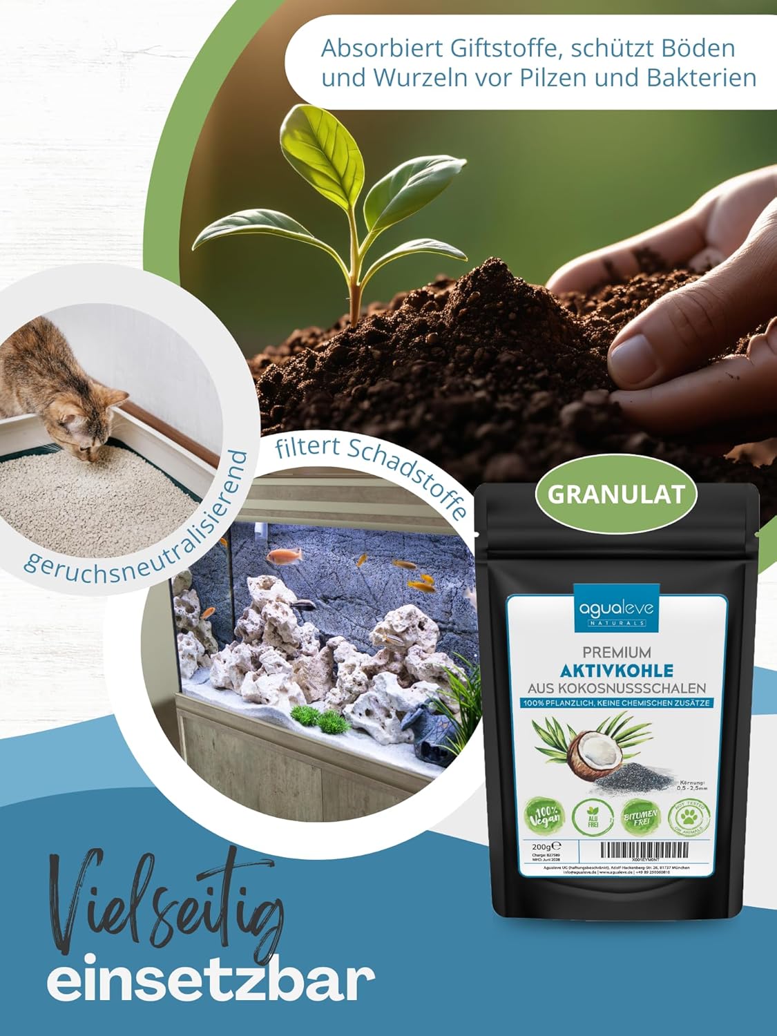 AGUALEVE Premium Aktivkohlegranulat 200 g aus Kokosnussschalen – Die Nr. 1 – Pflanzen, Katzenstreu, Aquarium, etc. – 100 % natürlich, frei von chemischen Zusätzen und Bitumen – Korngröße: 0,5 – 2,5 mm – Bild 4