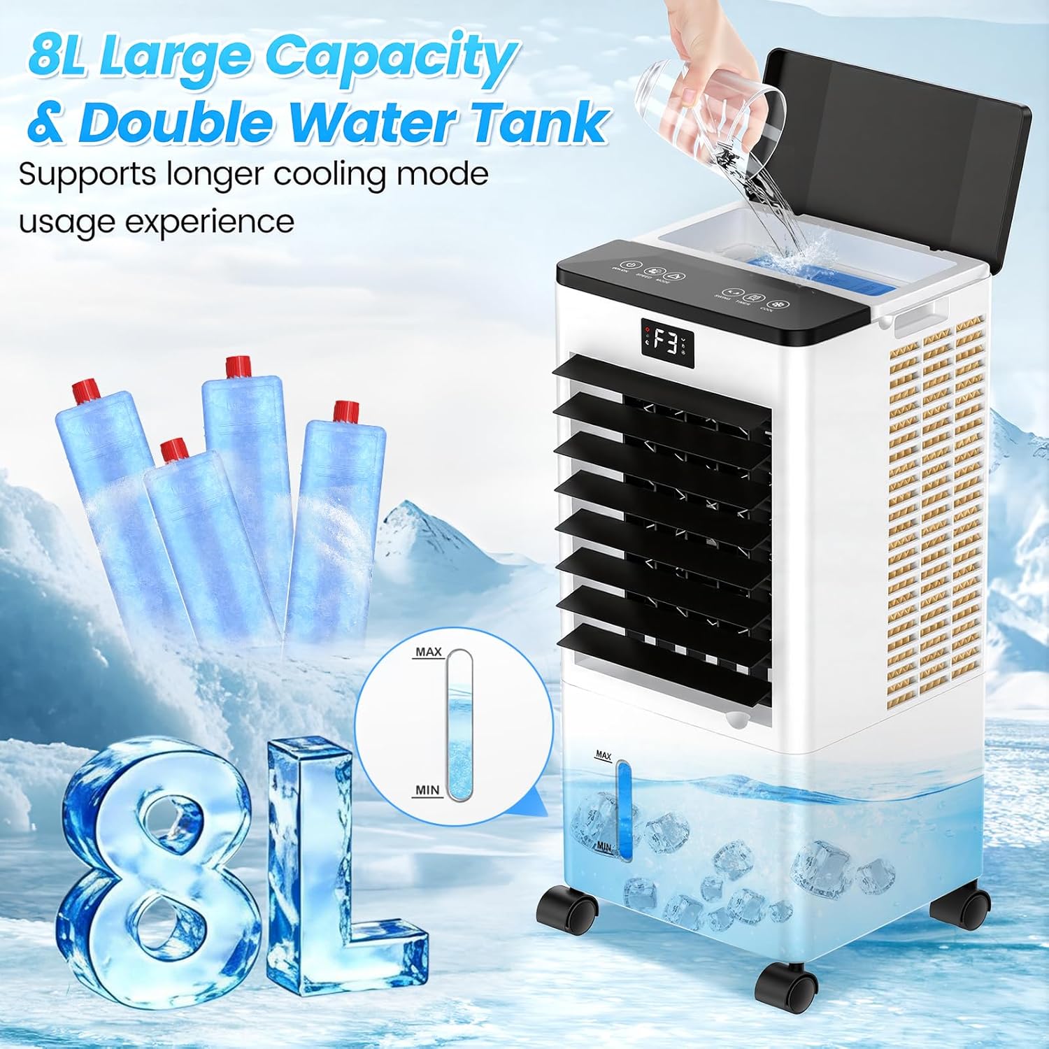 Klimaanlage Mobile, Klimagerät Tragbarer Luftkühler Luftbefeuchter Verdunstungslüfter mit 8L Wassertank, 12H Timer, 4 Modus, 60W Energiesparende Wasserkühlung Klimaanlage für Zuhause Büro (Groß) – Bild 4