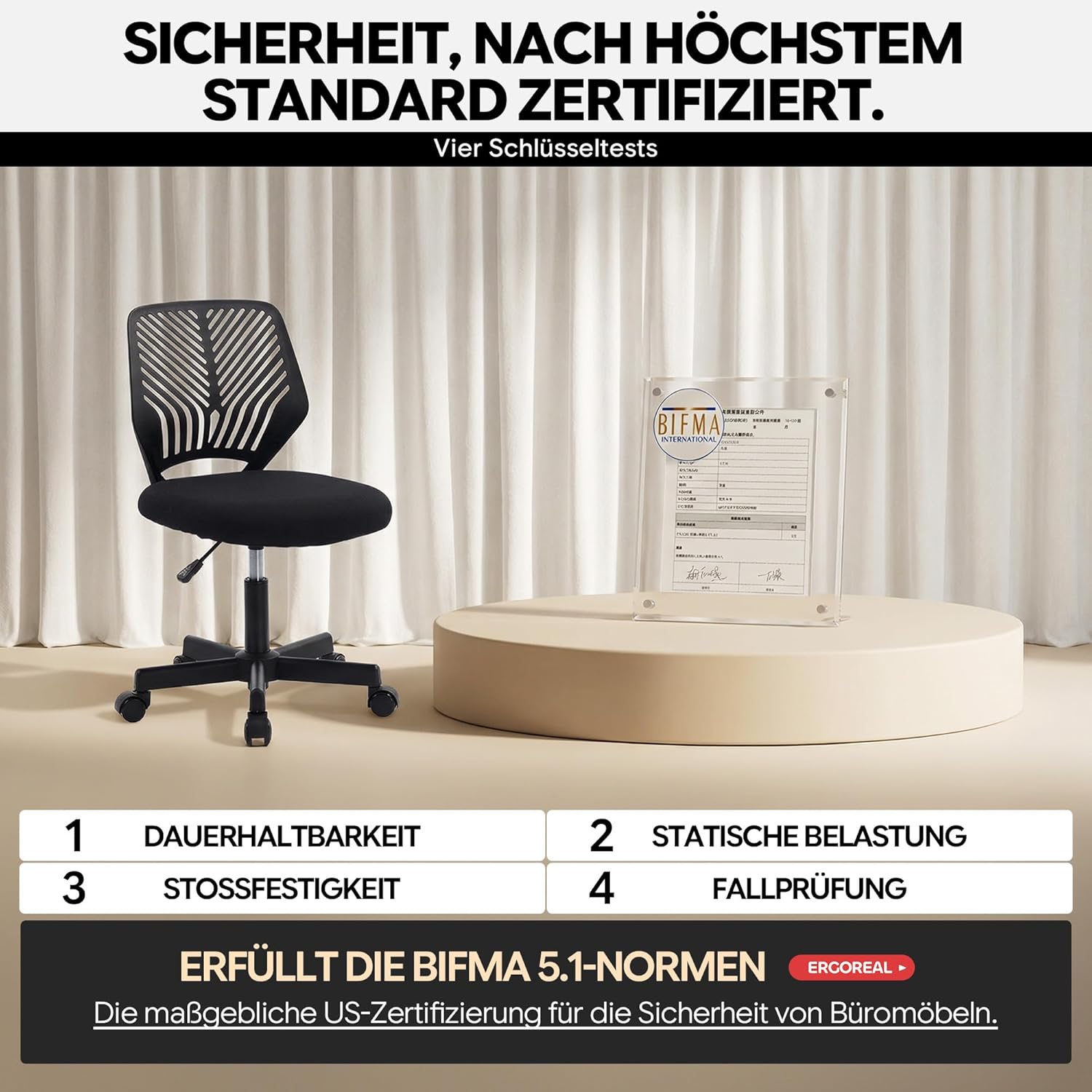 Ergonomischer Bürostuhl ohne Armlehne, Bürostuhl mit Rollen und Höhenverstellung, gemütlicher Bürostuhl mit ergonomischer Rückenlehne, Heimbüro/Arbeitszimmer/Arbeitszimmer (Tiefschwarz) – Bild 8