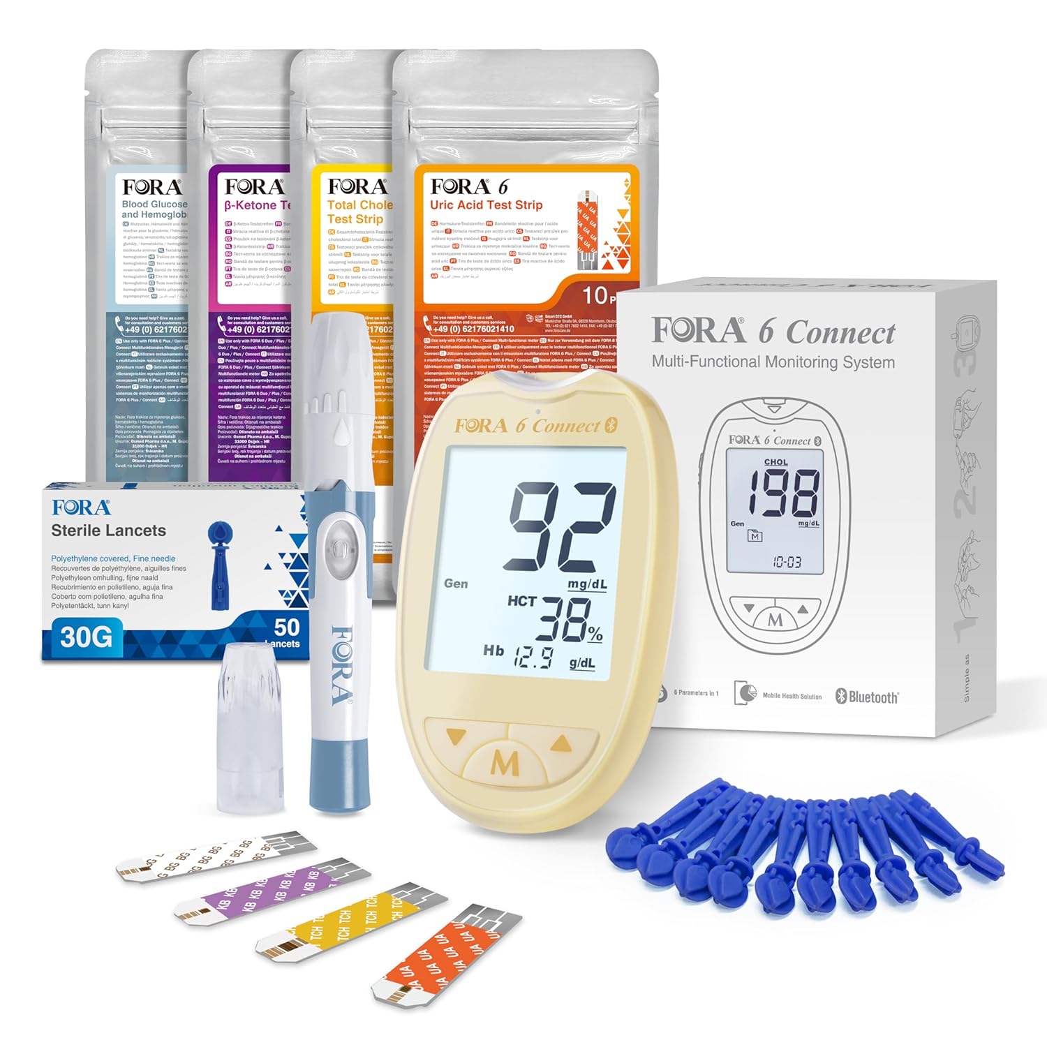 FORA 6 Connect | 4-in-1-Blutzucker-, Keton-, Cholesterin- und Harnsäuremessgerät | Für den Heimgebrauch | Bluetooth & App | Inklusive Teststreifen und Zubehör, Gelb