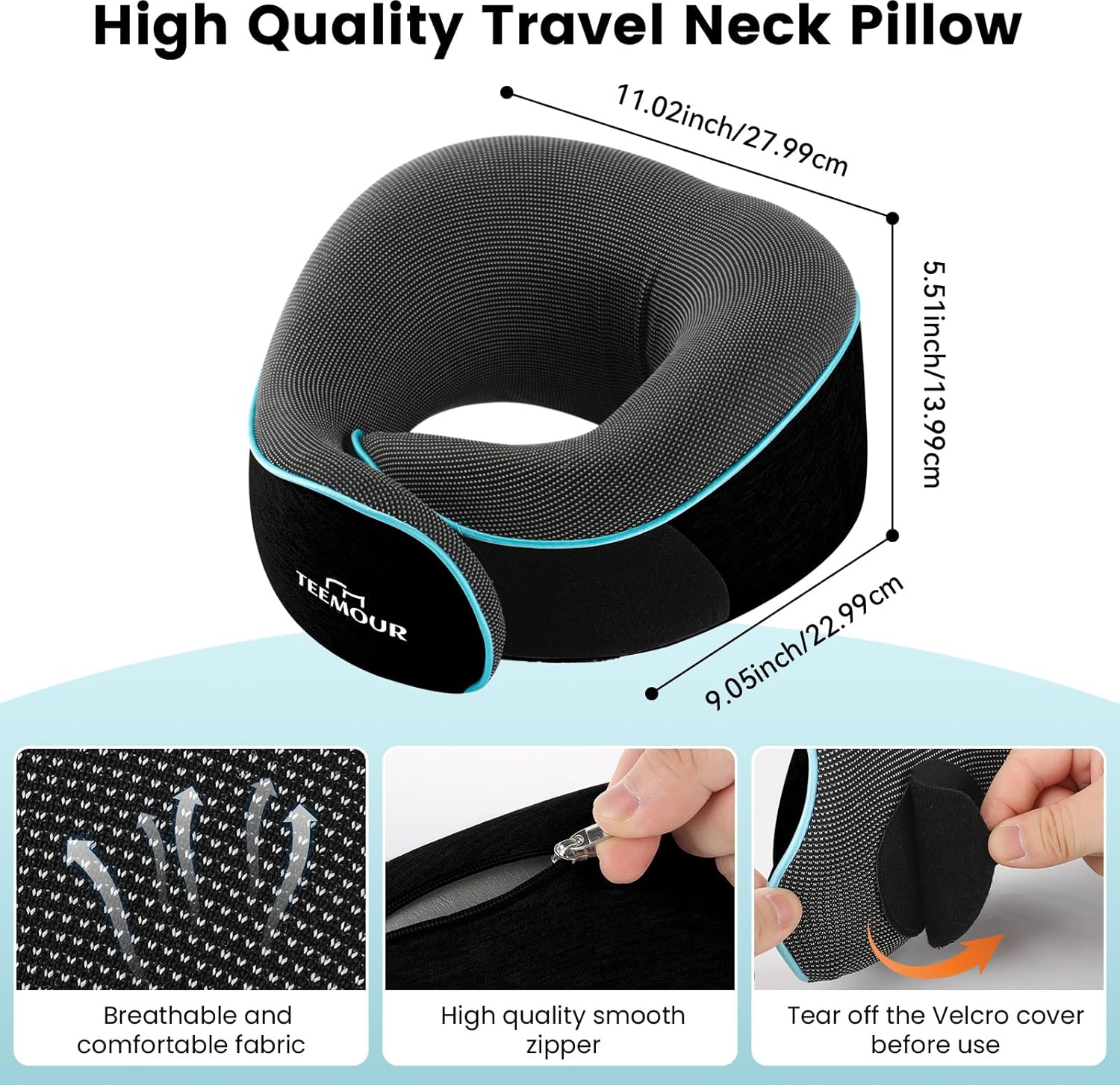 Nackenkissen Flugzeug Memory Foam Flugkissen mit Stütze inkl. Aufbewahrungstasche, Augenmaske, Ohrstöpsel, verstellbares Reisekissen für lange Flüge, Zug, Auto & Geschäftsreisen (Schwarz) – Bild 4