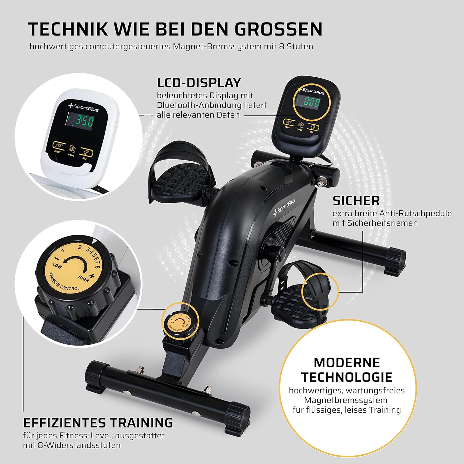 SportPlus Beintrainer für Zuhause & Büro, Mini-Heimtrainer mit Magnet-Bremse & 8 Widerstands-Stufen, mit Trainingscomputer, extra breite Pedale, App-kompatibel | Heimtrainer Fahrrad | Minibike – Bild 5