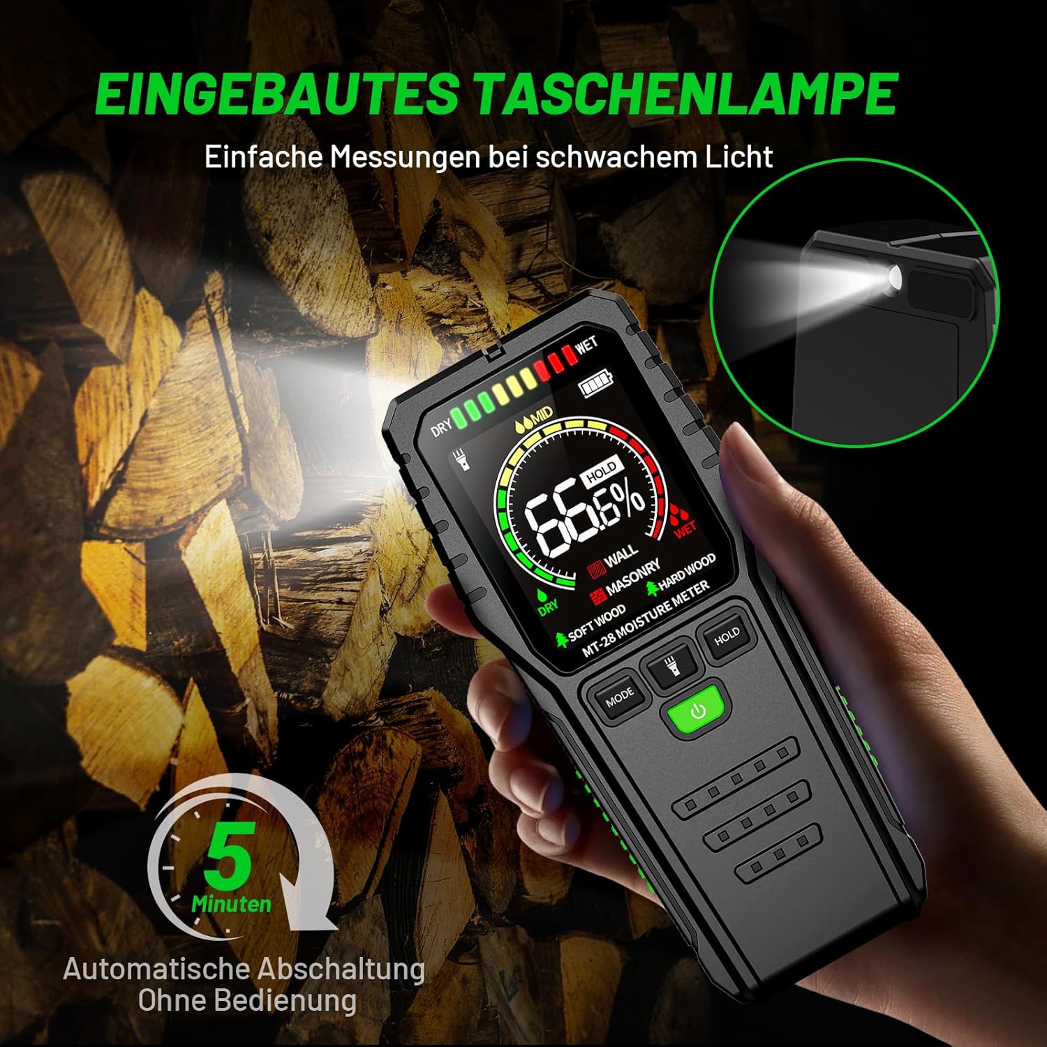 Feuchtigkeitsmesser für Wand und Holz – zerstörungsfreier Feuchtigkeitsmesser und Feuchtigkeitsmesser mit Batterie für Brennholz, Putz, Decke, Boden und Baumaterialien – Bild 8