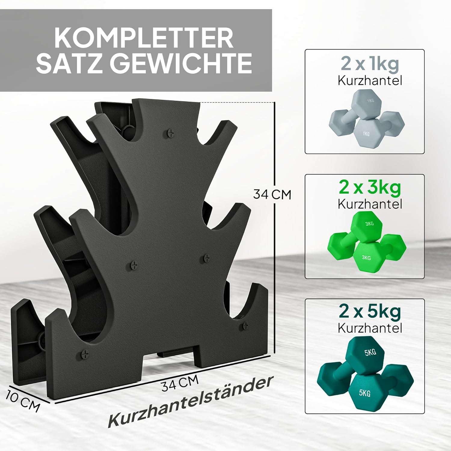 SPORTNOW Hantelset 2 x 1 kg, 2 x 3 kg, 2 x 5 kg mit Hantelständer, 6 Hanteln aus Metall für Gymnastik, Fitness, Zuhause – Bild 3