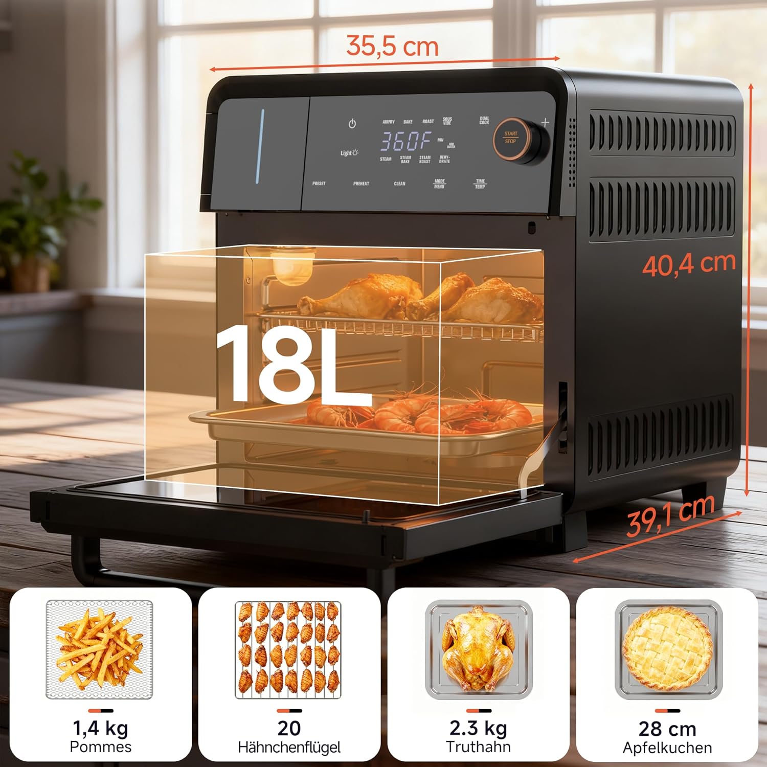 OUNIN Dampfbackofen 18 L, 11-in-1-Ofen mit Dampffunktion, Dual-Cook, Backen, Braten, Trocknen und Selbstreinigung, 360° gleichmäßige Wärmeverteilung, Edelstahl-Innenraum, platzsparend – Bild 2