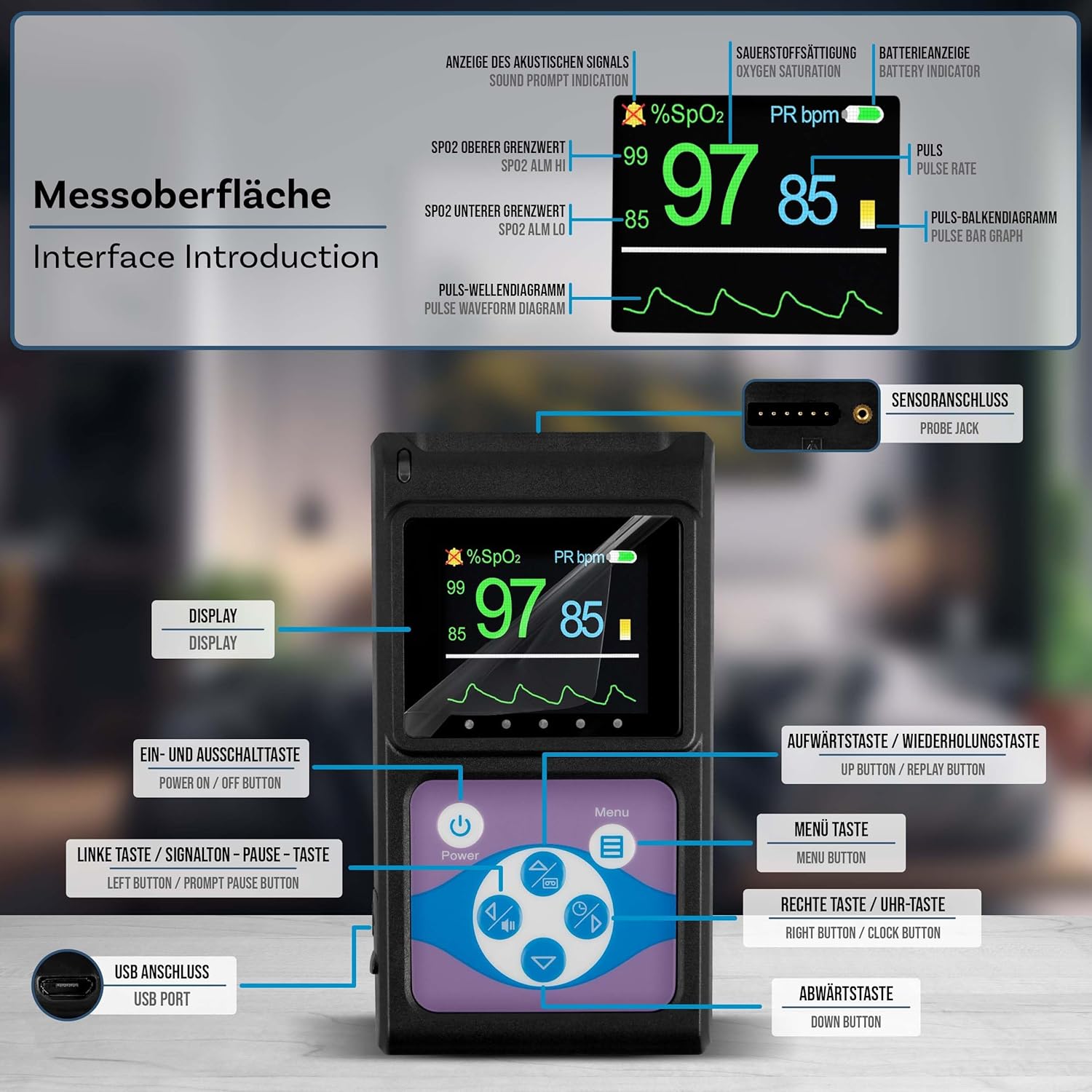 Pulox Pulsoximeter PO-650A Handpuls- und SpO2-Messgerät mit externem Sensor zur Langzeitmessung mit Datenspeicher und akustischem Warnsignal – Bild 2
