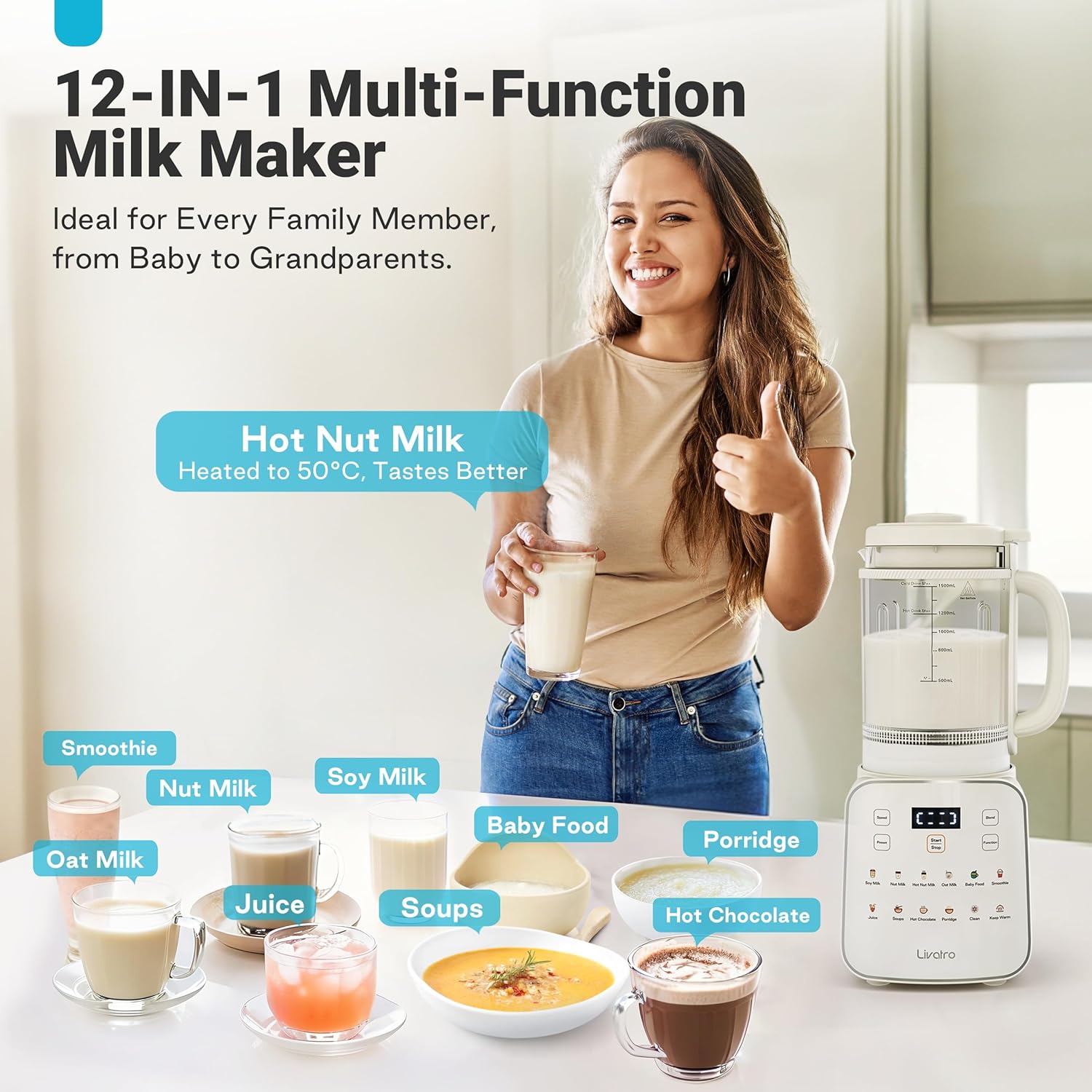 Livatro Nussmilchbereiter, 12-in-1,1,5 l, automatischer Sojamilchbereiter, abnehmbares Design, Mandel-/Hafermilch & Saft, 24-Stunden-Timer, Warmhalten, Selbstreinigung, Sicherheitsverriegelung (Beige1) – Bild 7