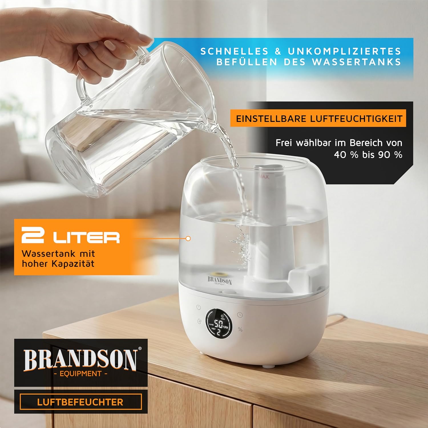 Brandson – Digitaler Luftbefeuchter mit Display – 2000 ml Volumen – Fernbedienung – 3 Nebelstufen – Timer – sehr leise – Schlafzimmer, Baby, Kinderzimmer, Büro – weißes, transparentes Design – Bild 3