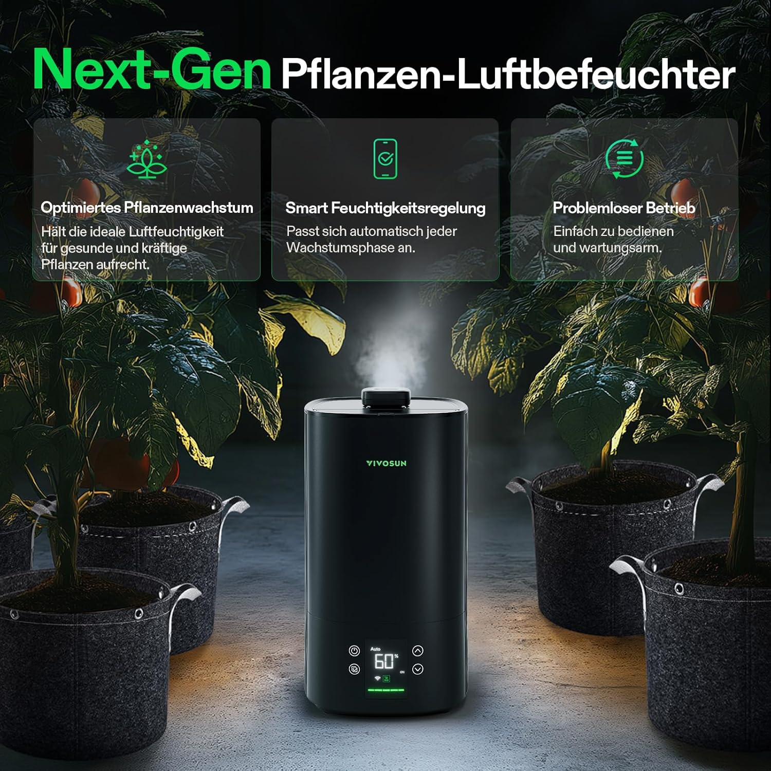VIVOSUN Pflanzenbefeuchter, 5 l, intelligenter Luftbefeuchter für Pflanzen, AeroStream H05, 24 dB, leise, 360° kühler Nebel, 50 Stunden, langlebig, Top-Fill-Ultraschall, entwickelt für Wachstumszelte, Growbox – Bild 3