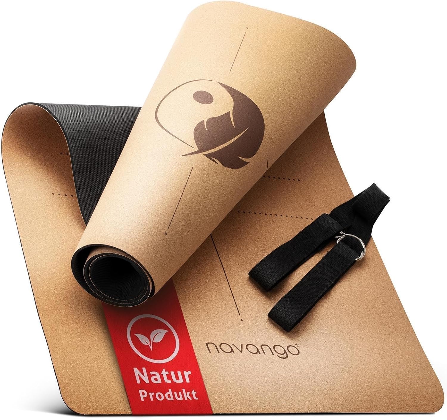 Yogamatte aus Kork | Inklusive Yogagurt | 4 mm dick | Natürliche dünne Yogamatte aus Naturkautschuk und Kork | Mit Hilfslinien | Yogamatte rutschfest und schweißfest | Yoga-Set-Tragegurt