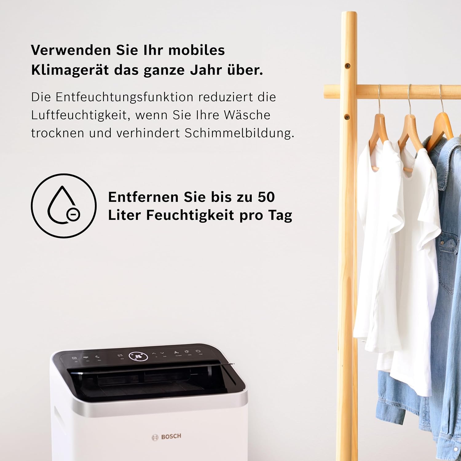 Bosch Cool 4000 Mobiles Klimagerät, 3-in-1-Klimagerät, Luftentfeuchter, Ventilator, 2,6 kW für Räume bis 35 m², mit Auto-Modus, Silent-Modus, Schlafmodus – Bild 9