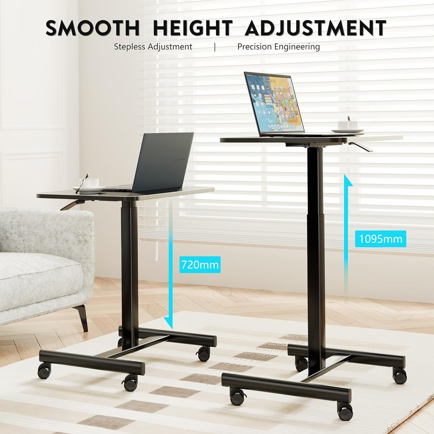 BONTEC Mobiler Schreibtisch 65 x 48 cm, Computertisch, pneumatisch höhenverstellbar 72-109,5 cm, Laptoptisch mit 4 Rollen, Überbetttisch, Stehsitztisch, Beistelltisch für Home Office, Schwarz – Bild 4