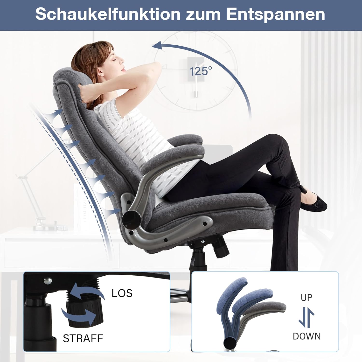 Bosmiller Ergonomischer Bürostuhl, 180 kg, verstellbarer Schreibtischstuhl mit hoher Rückenlehne und breiter Sitzfläche, klappbare Armlehne, Bürostuhl für Büro, Computer, Chefsessel – Bild 7