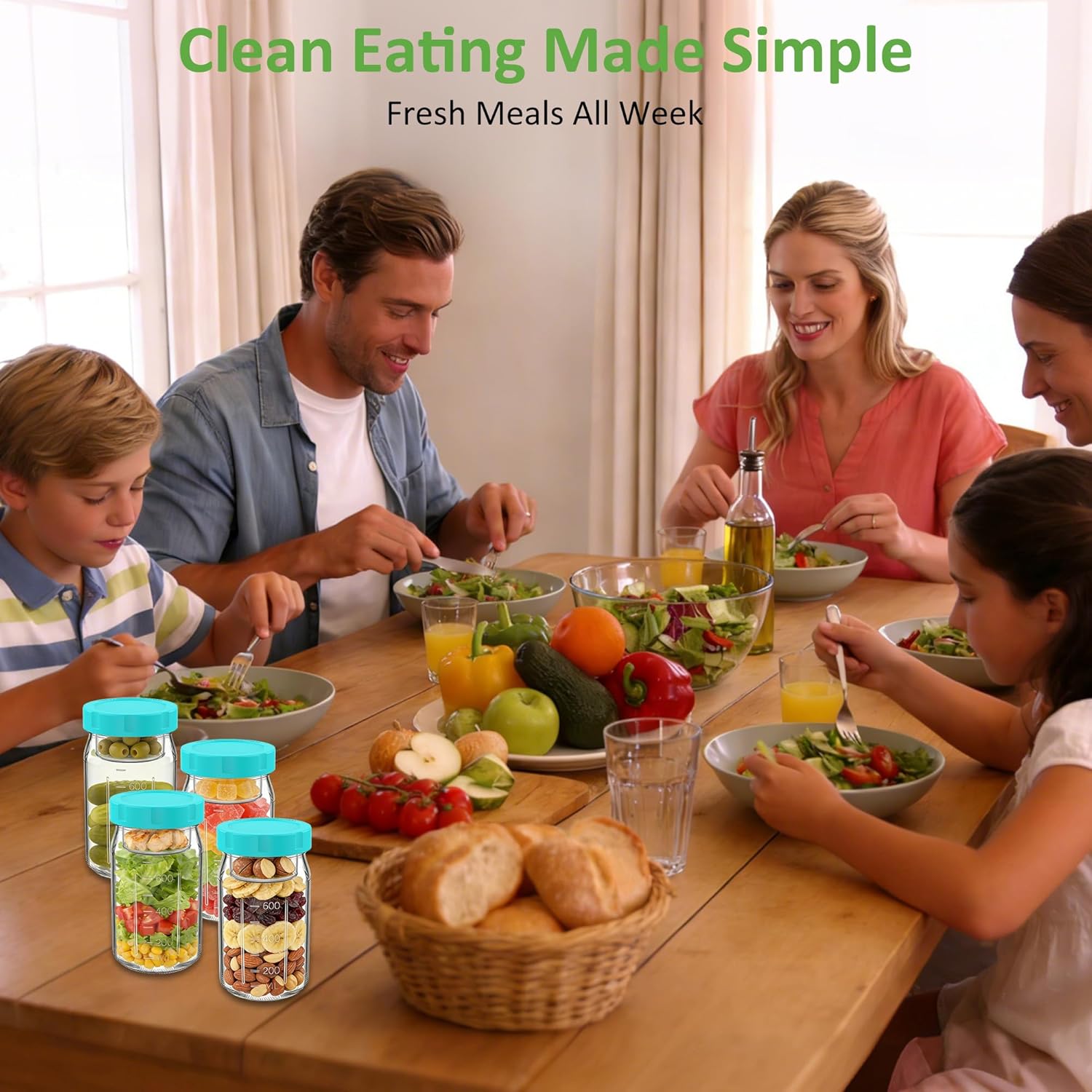 Meal-Prep-Gläser mit Deckel-Set, 4 x 950 ml Einmachgläser, auslaufsicherer/vertikal geschichteter Meal-Prep-Behälter, ideal zum Mitnehmen, für Salate, Marmelade, Overnight Oats und zum Öffnen von Fertiggerichten – Bild 7
