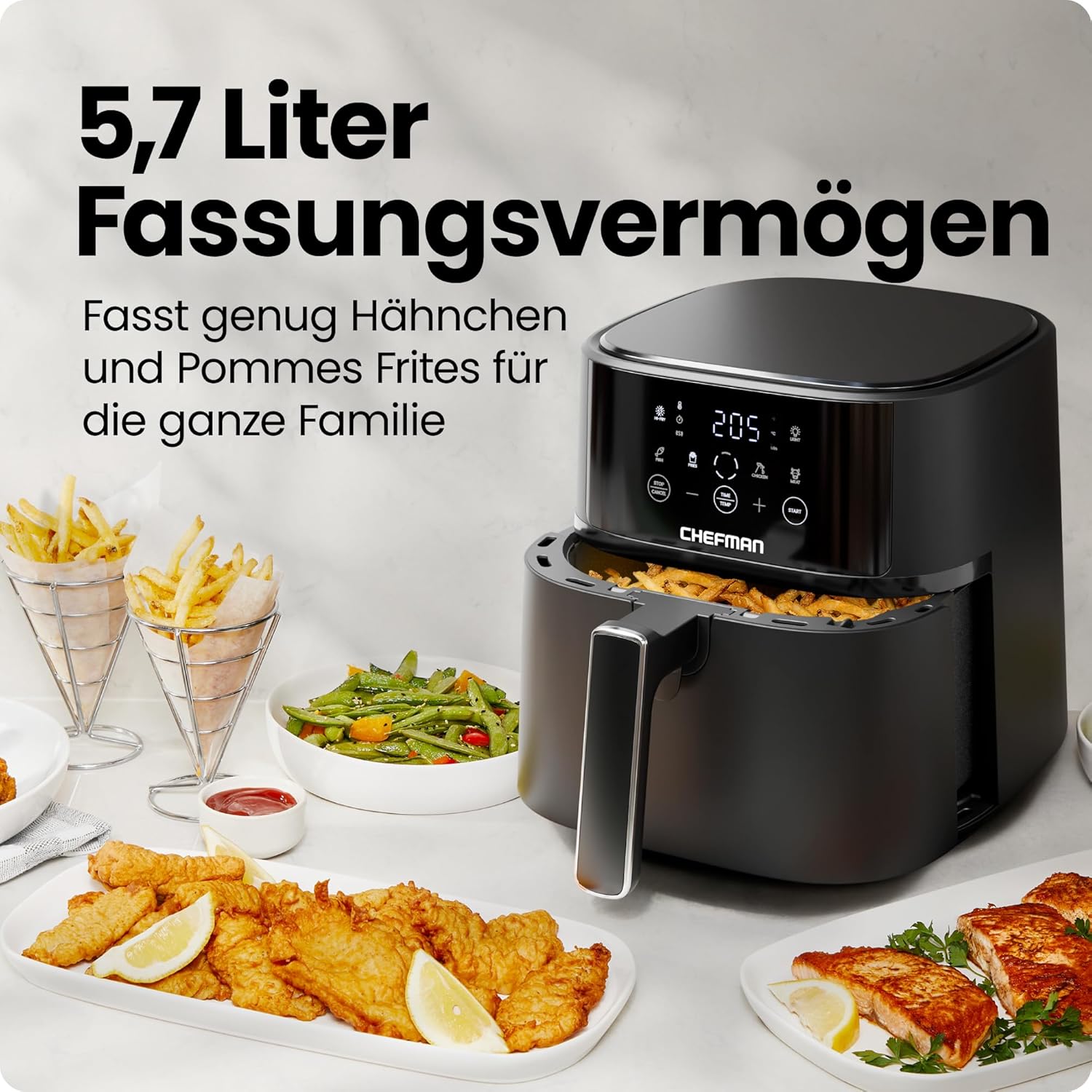 Chefman 5,7 l Heißluftfritteuse, schnell und einfach, kompakte Heißluftfritteuse mit Hi-Fry-Technologie, Touch-Bedienung mit 4 Voreinstellungen, antihaftbeschichtet und spülmaschinenfest – Schwarz – Bild 3